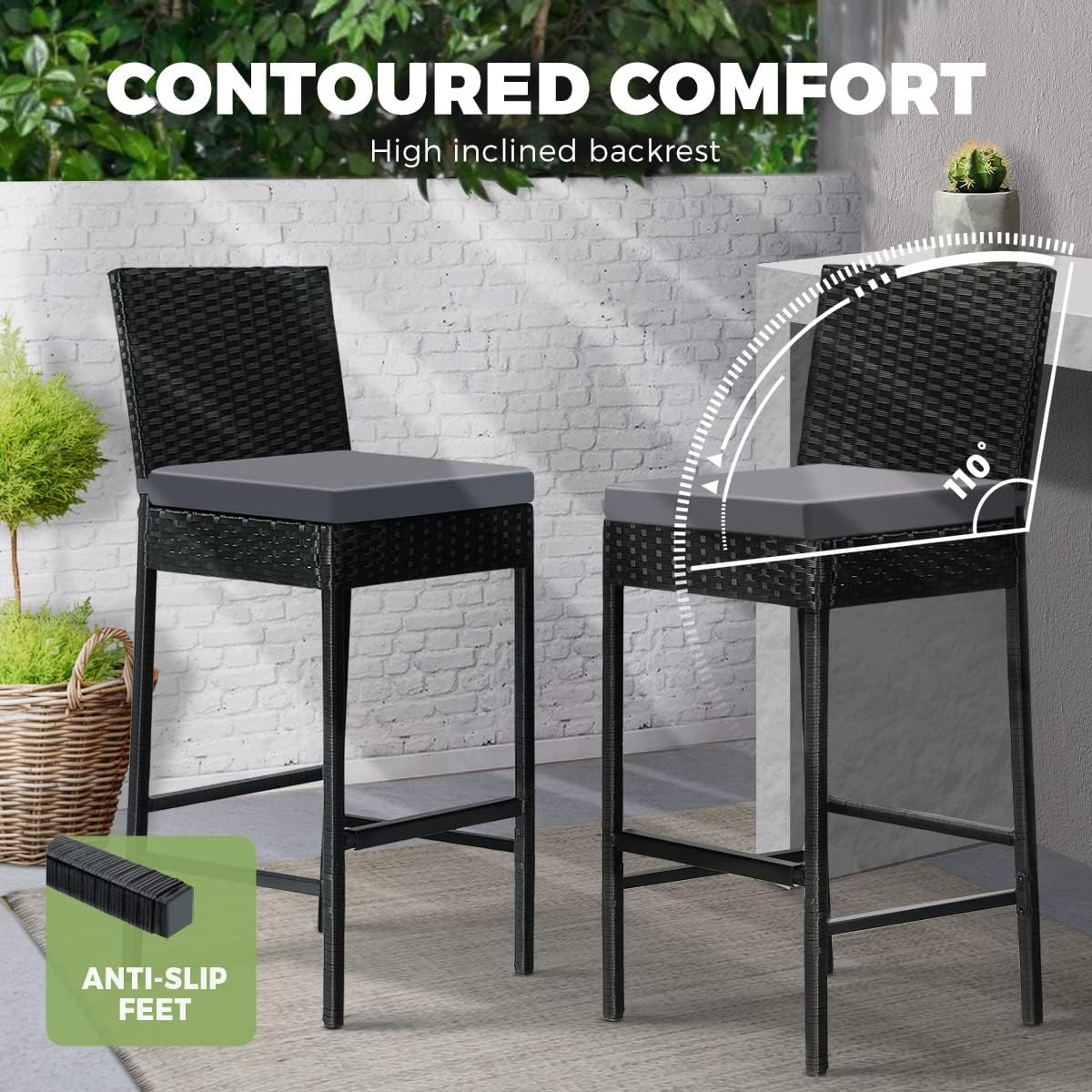 Livsip Outdoor Bar Sets Bar Stool High Stools Rattan Wicker Chair Outdoor Furniture Sets Garden Patio Dining Chair X 4 Black image number 1