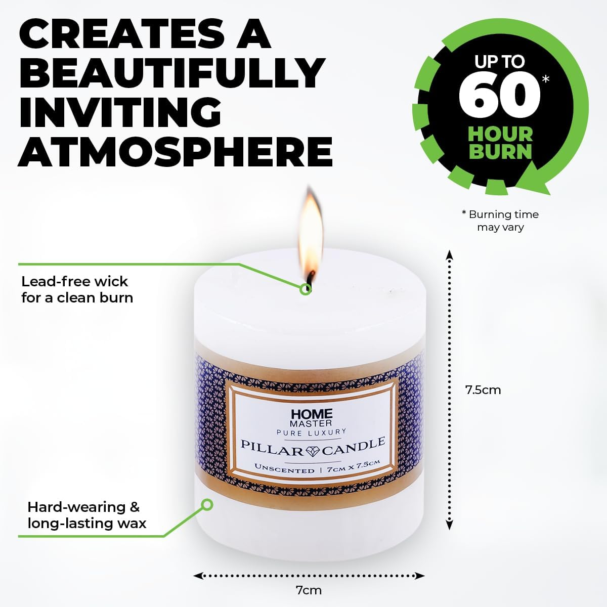 Homemaster Unscented Flat Top Pillar Candle, 7 X 7.5 Cm