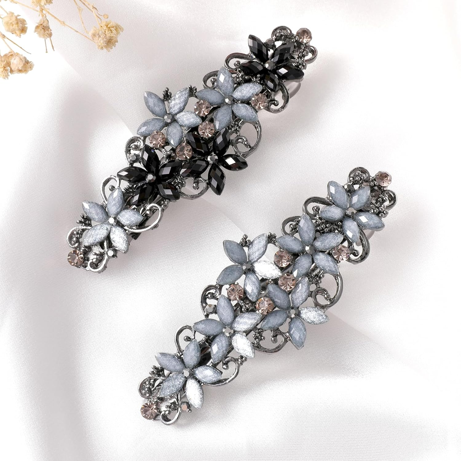 Teaaha Pack of 2 Elegant Hair Clips Women Girls Hair Clip with Crystal Flower Clip Glitter Exquisite Hair Accessories French Style Vintage Hair Accessories (Pink and Blue/Black and Blue) image number 2