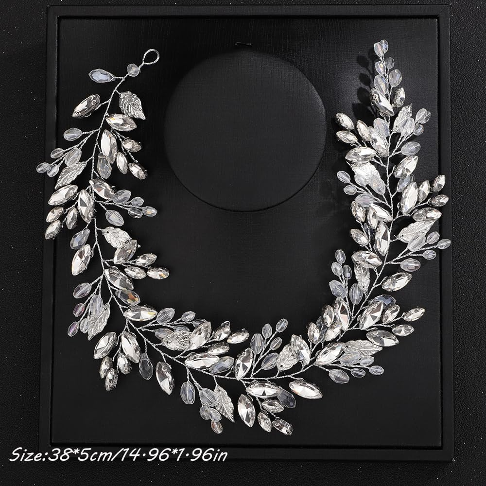 Teyglen Leaf Bride Wedding Hair Vine Bridal Crystal Headband Handmade Gold Leaf Crystal Beads Hair Piece Bohe Rhinestone Headpieces Wedding Hair Accessories for Women Girls, Alloy, Rhinestone, Leaf, - Gold-Green image number 4