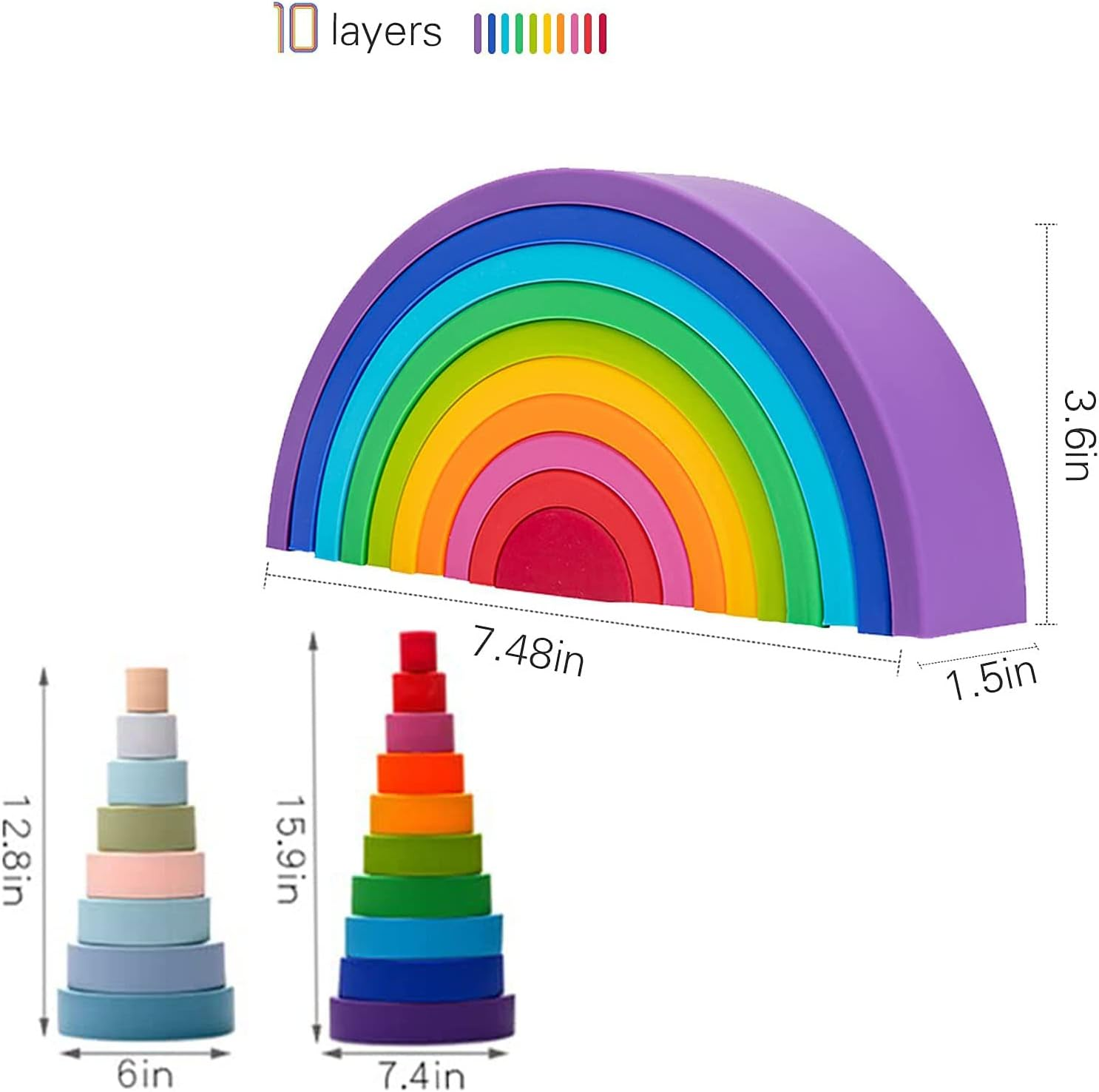 Silicone Rainbow Stacking Toy Set, 10 Pcs Rainbow Stacker Building Blocks Toys, Nesting Puzzle Montessori Toys Preschool Learning Gift image number 3