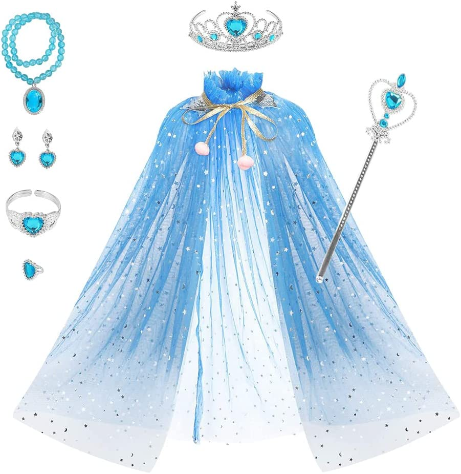 AUTOWT Girl Princess Costume - Shiny Cloak with Necklace, Jewelry, Headwear, Crown, Wand, Earrings, Bracelets, Rings - for Halloween, Christmas, Birthday