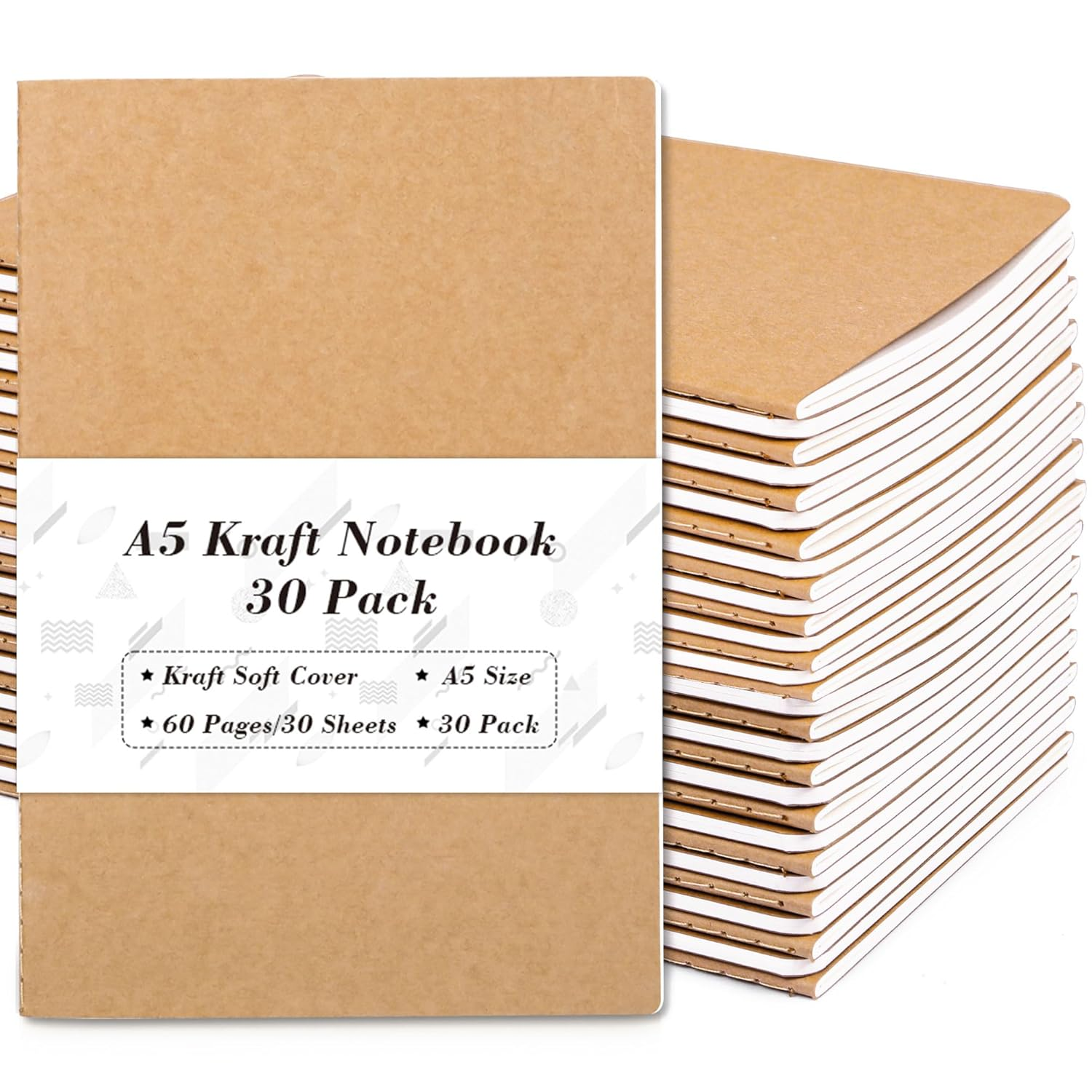 Feela 30 Pack Kraft Notebooks, 60 Lined Pages A5 Notebooks for Women Girls Students, 8.3 X 5.5 Notebook for Making Plans Writing Memos Office School Supplies image number 2