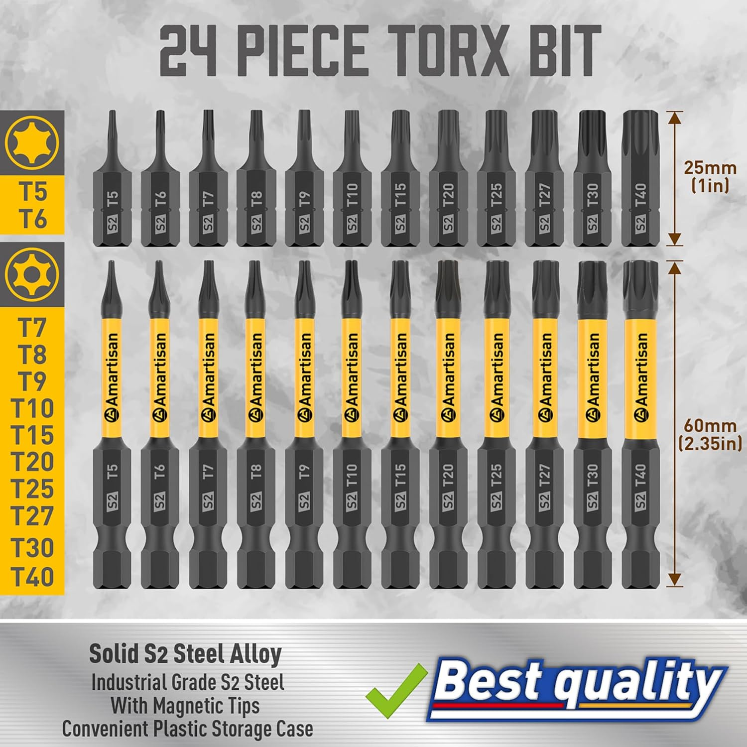 Amartisan Torx Bit Set, 24-Piece Security Torx Bit Set, Tamper Resistant Star Bits Set S2 Steel, 1" and 2.3" Long T5 - T40 image number 2