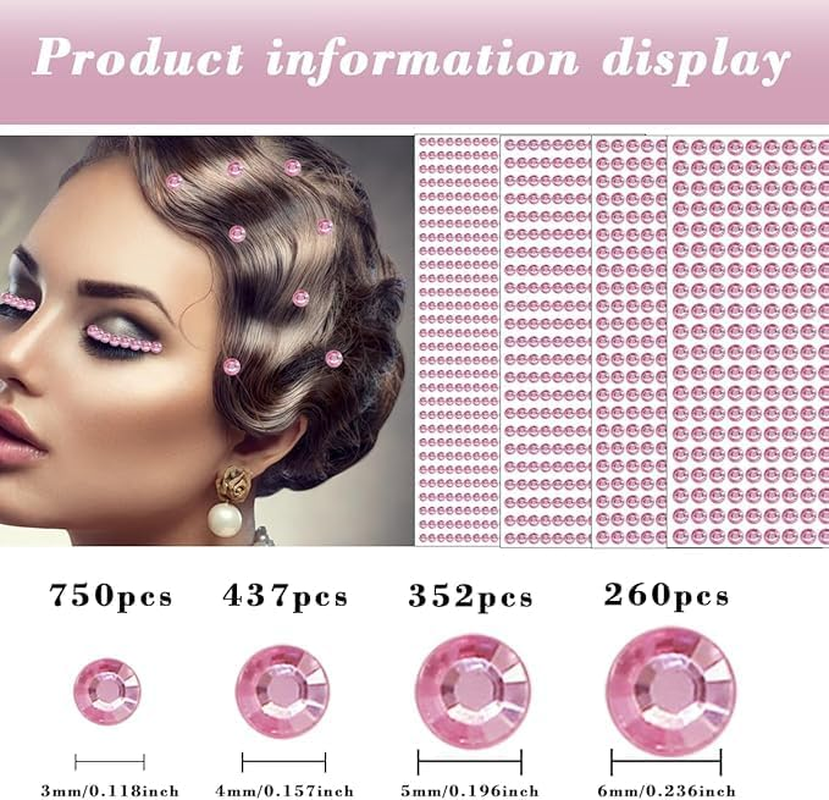 Gem Stickers for Crafts,Self - Adhesive Rhinestone Stickers,Acrylic Bling round Stickers in 3/4/5/6Mm Sizes, Ideal Craft Supplies for Kids(Pink)