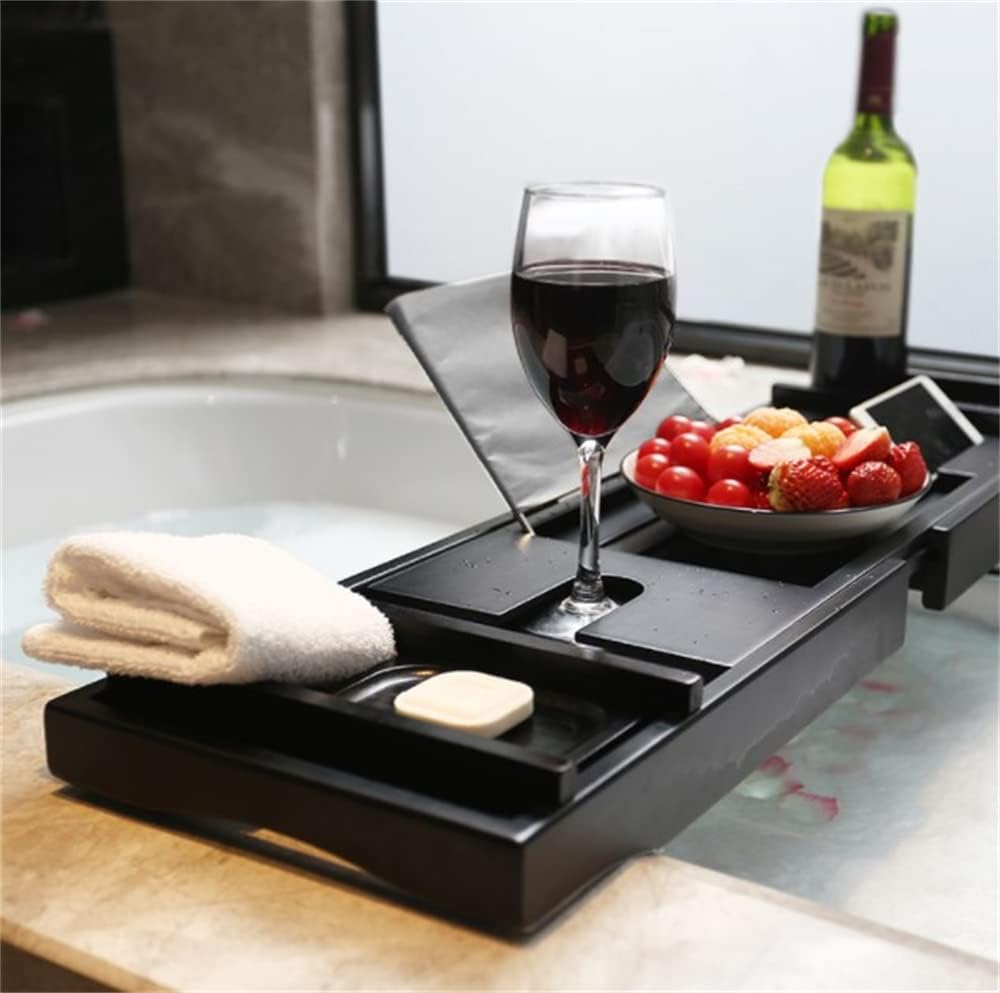 AIWFL Bath Caddy Tray, Adjustable Bathtub Tray with Book & Wine Holder, Black, Lacquered Bamboo Wood, Ideal for Relaxation image number 6