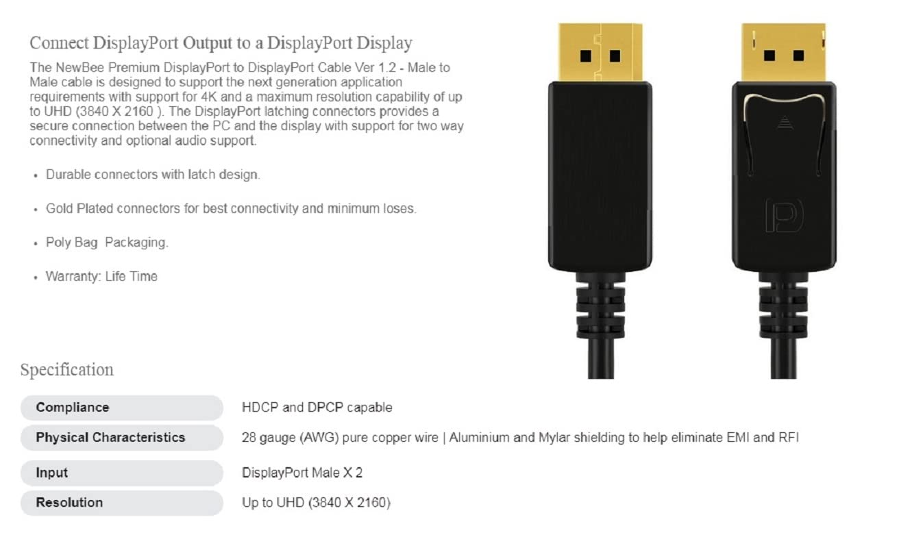Newbee NB-DP-03 3M Premium Displayport Display Port to DP Cable V1.2 High Speed 4K Support image number 2