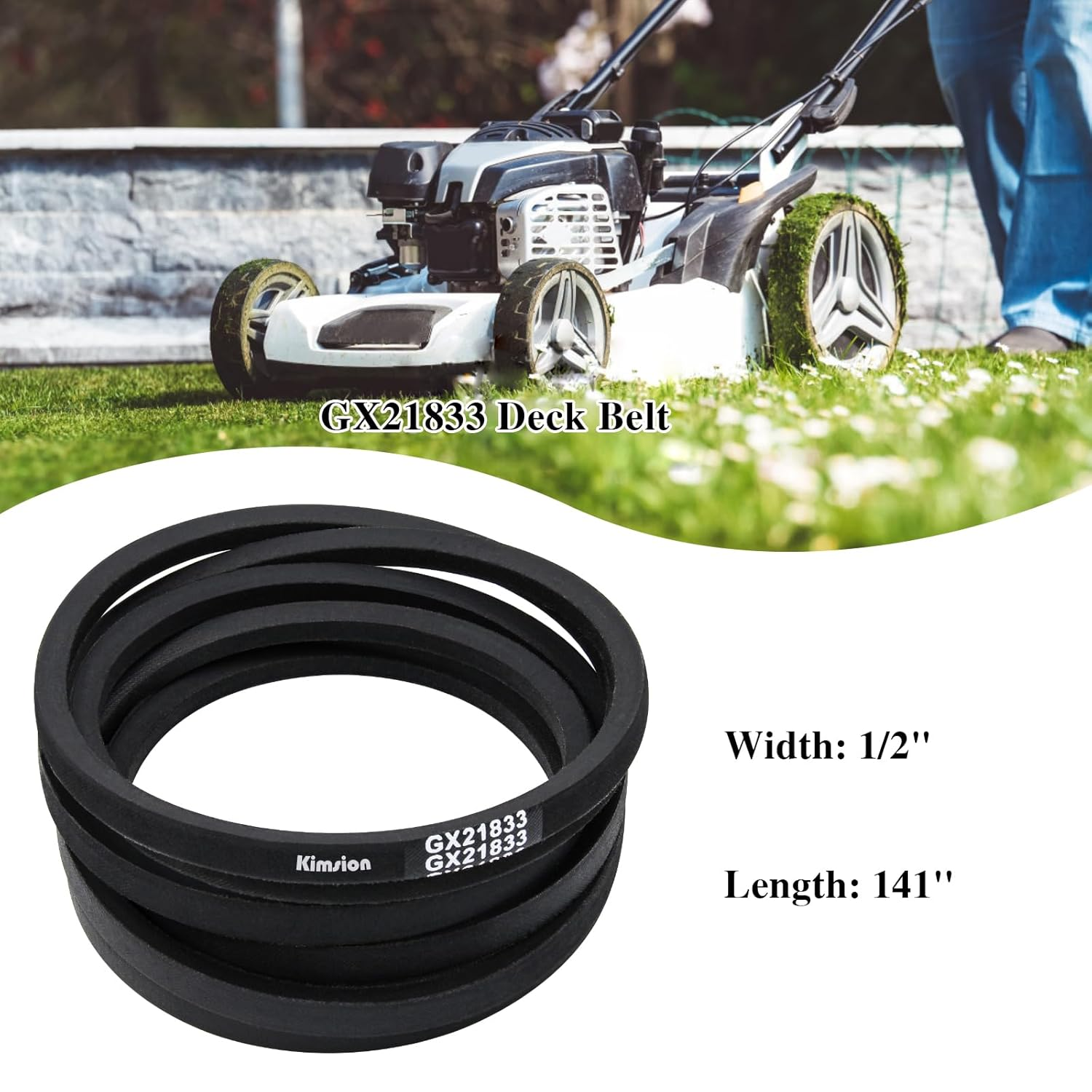 Kimsion GX21833 Deck Belt (1/2'' X 141'') for John Deere 48'' Deck Lawn Mower D140, D155, D160, E140, E150, E160, E170, S140, S170, Replacement John Deere 48 Inch Deck Belt GX20571 image number 4
