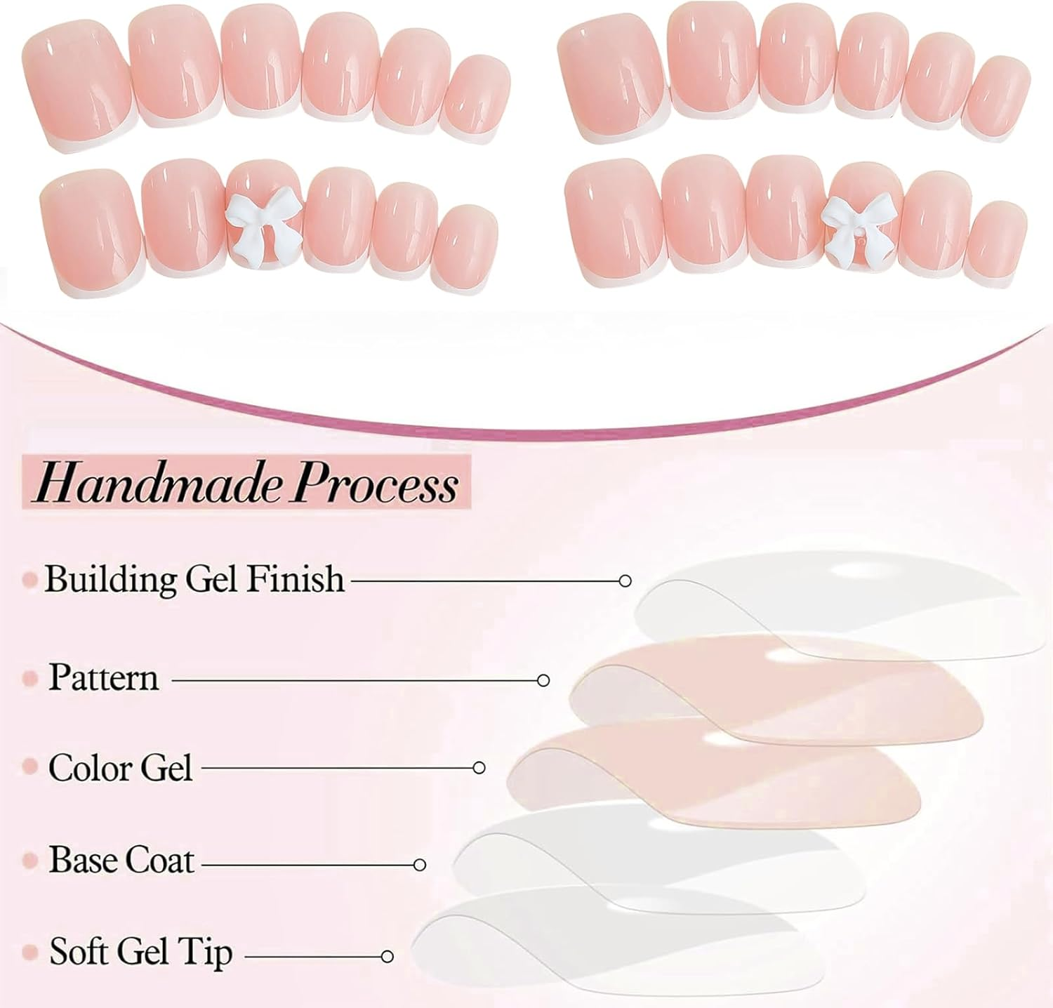 Qioon 24 Pcs Pink Press on Nails Short Square, Glossy Nude Pink Full Cover Fake Nails with White French Tips and Bow Charms, Cute False Nail for Women and Girls, Daily Manicure Set image number 2