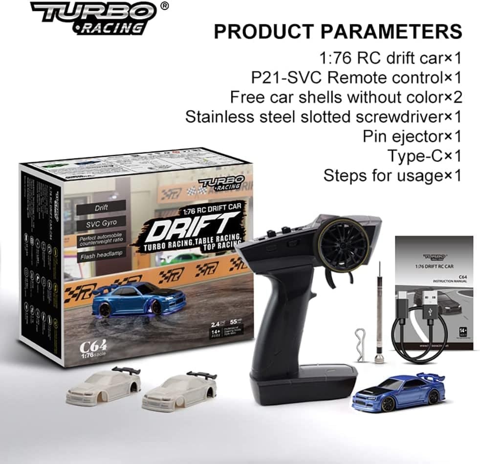 Turbo Racing 1:76 Scale Drift RC Car with Gyro Mini Full Proportional RTR 2.4GHZ Remote Control with 2 Replaceable Body Shell (C64 Blue-Drift) image number 1