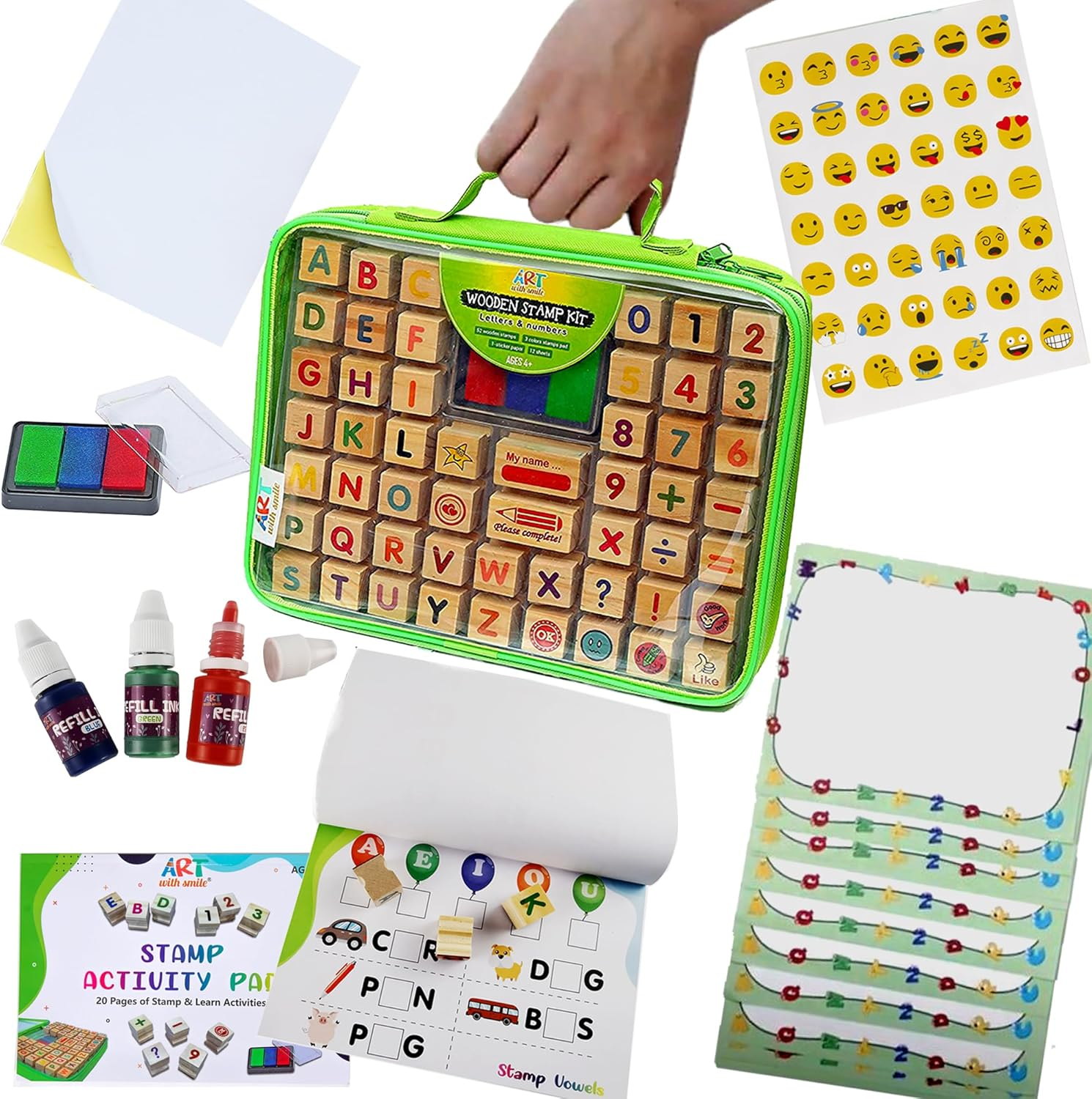 Large Wooden Stamp Premium Set for Kids. 72 Pcs Alphabet Stamps. Letters, Numbers, Emojis, 3-Color Washable Ink Pad, 3 Refill Bottles, Activity Book. Ideal Creativity Kit for Back to School