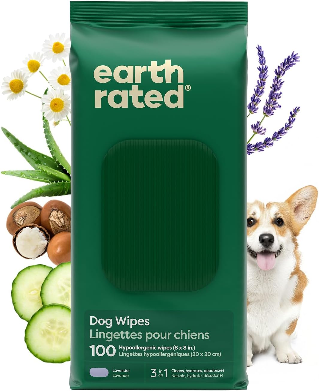 Earth Rated Dog Wipes, 400 Plant-Based and Compostable Wipes for Dogs & Cats, Usda-Certified 99 Percent Biobased, Hypoallergenic, 20X20 Cm Deodorizing Grooming Pet Wipes for Paws, Body and Butt
