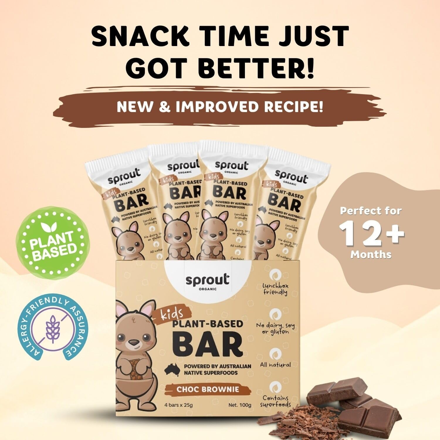 Sprout Organic Kid'S Snack Bar, Plant-Based Baby Food for 12 Months and Above, Baby Foods Enriched with DHA, Lactose-Free, Soy-Free, Australian Made, Pack of 4 (Pack of 4, Choc Brownie) image number 5