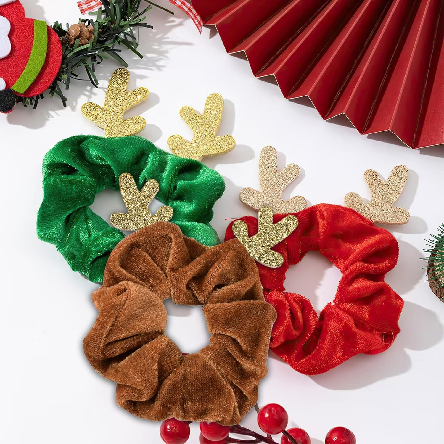 HSLPSM Pack of 3 Christmas Hair Bobbles, Christmas Bobbles Scrunchies for Women, Antlers Christmas Headband Hair Band Elastic Ponytail Holder Hair Ropes image number 3