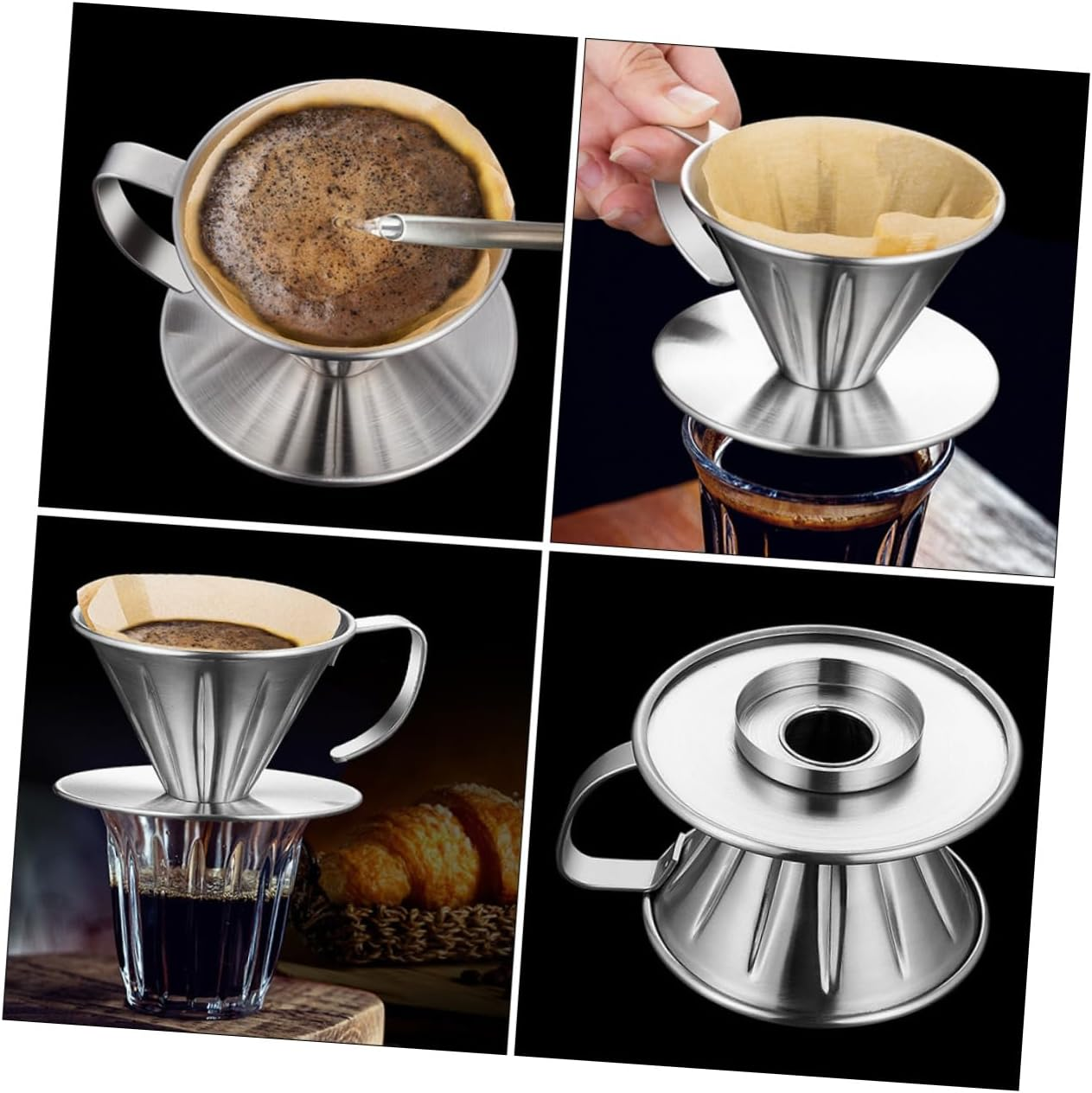 LIFKOME Stainless Steel Coffee Filter Drip Funnel with Handle and Base Reusable Coffee Strainer for Home Brewing and Tea Making image number 5