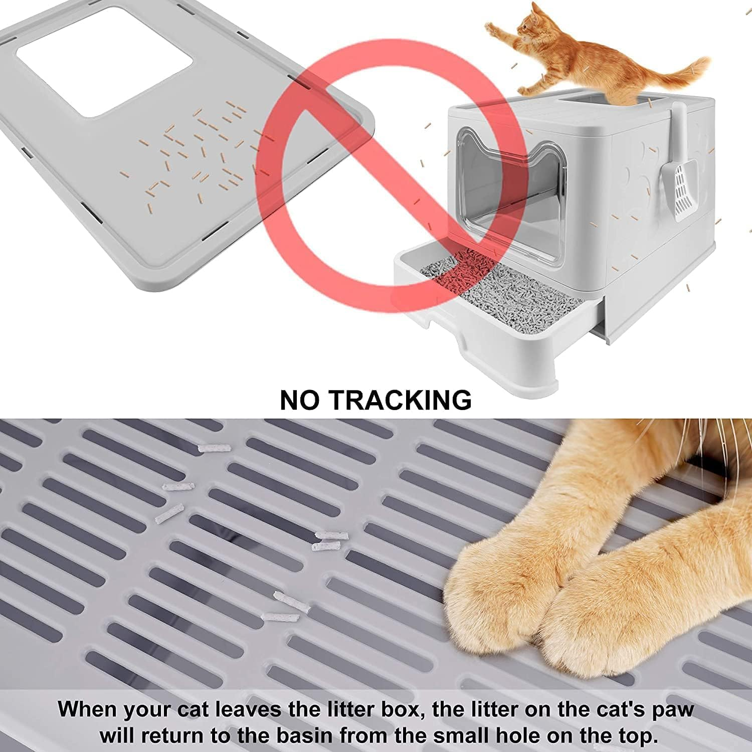 Boutsady Large Foldable Cat Litter Box with Lid - Top Entry Kitty Litter Tray, Anti-Splash Portable Kitty Potty for Cats, Includes Litter Scoop (Grey, One Size) image number 6