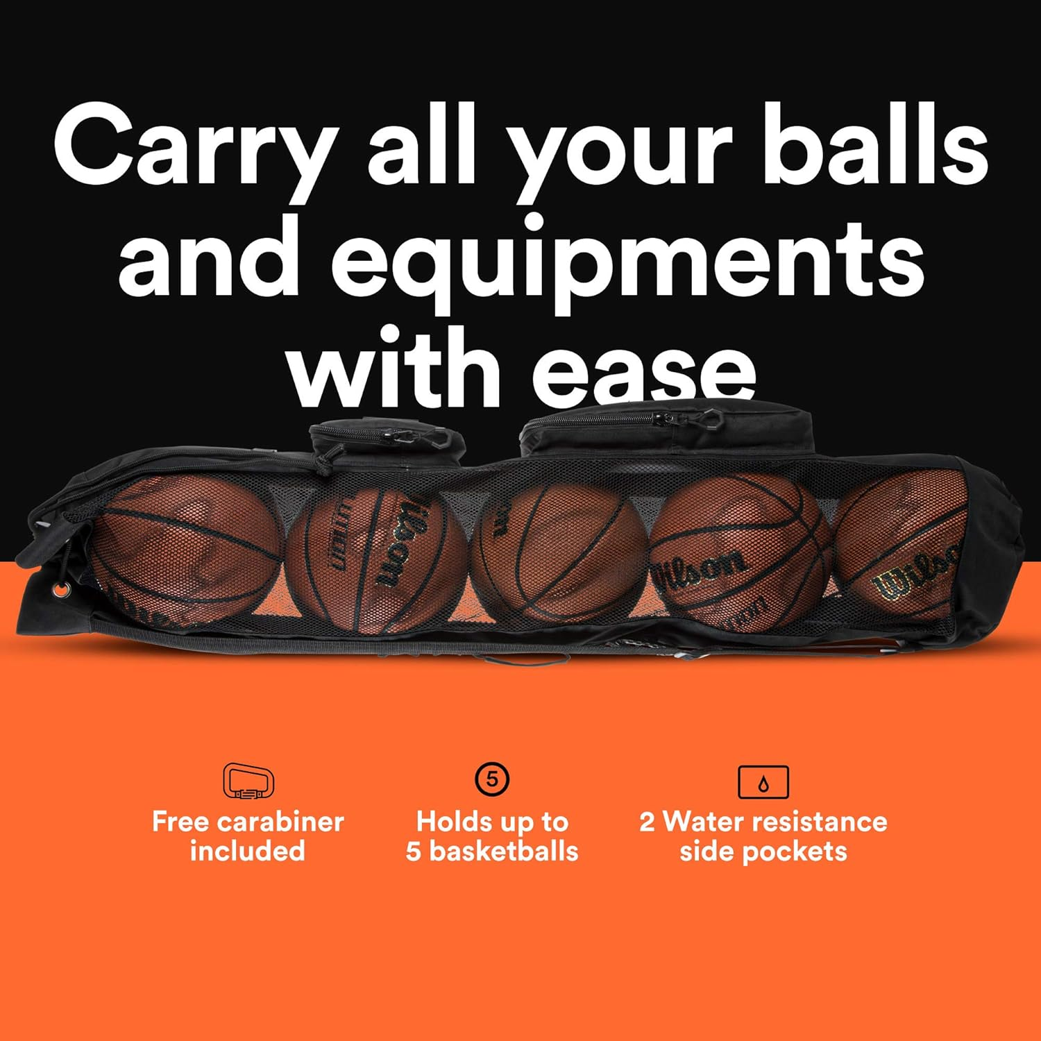 Fitdom Heavy Duty XL Basketball Mesh Equipment Ball Bag W/Shoulder Strap Design for Coach with 2 Front Pockets for Coaching & Sport Accessories. This Team Tube Carrier Can Store up to 5 Basketballs image number 6