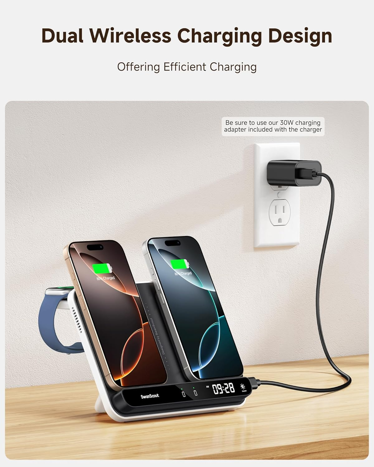 Swanscout Dual Phone Charger, 30W Charging Station for Iphone 17/Air/16/15/14/13/12/11, for Apple Watch 11/10/9/8/7/6/Ultra 3/SE 3 & Airpods Pro 3/4, Double Wireless Charger for 2 Phone, 710A image number 5