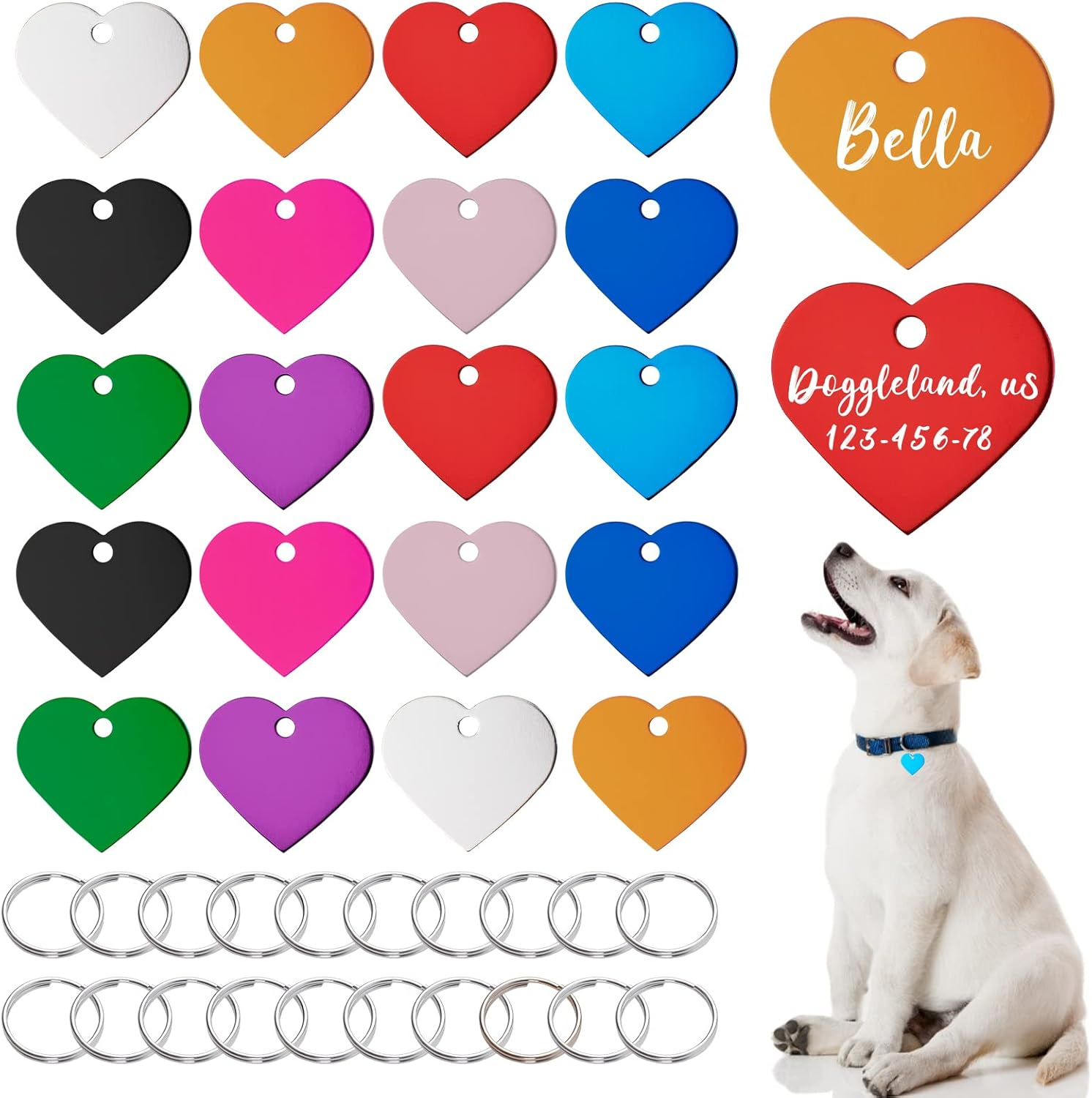 HACRAHO Pet ID Tags, 20 PCS Colorful Dog ID Tags Double Sided Pet Name Phone Number ID Tags with 20 PCS Key Rings for Dogs and Cats, Heart Shape image number 1