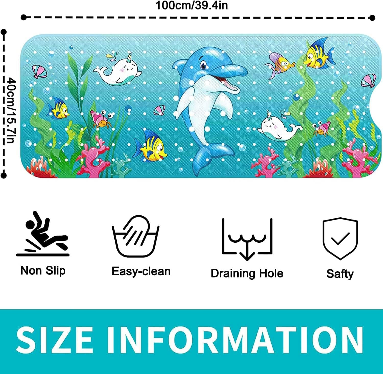 Fohouse Bath Mat for Tub for Kids Non Slip Baby Bathtub Mat Extra Long 40X16 Inch anti Slip Bathroom Toddler Shower Mat, Bath Mats with Suction Cups & Drain Holes, Machine Washable - B image number 2