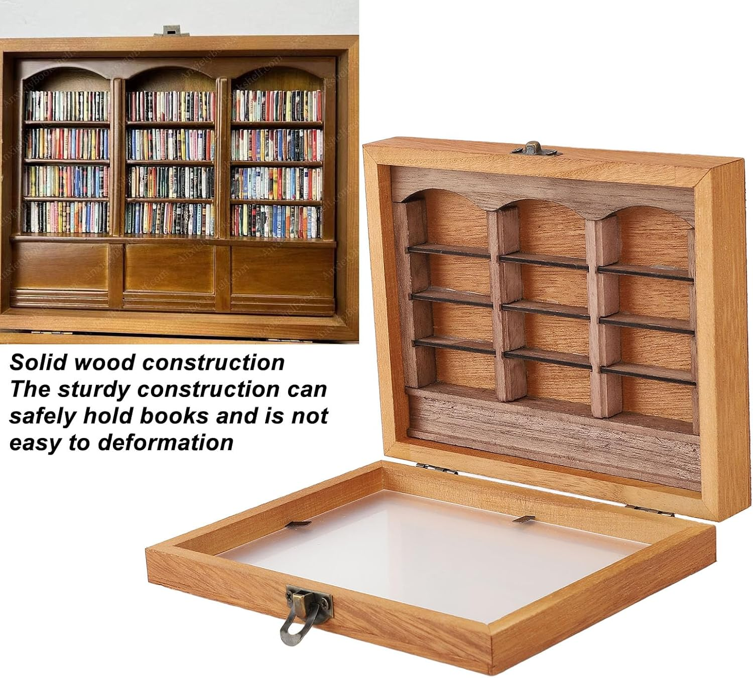 Jiawu Anxiety Bookshelf, Mini Wooden Book Box Display Case with 196 Books, Miniature Book Library Cabinet, Shake Away Your Anxiety, Desk Decor for Home, Living Room, Office