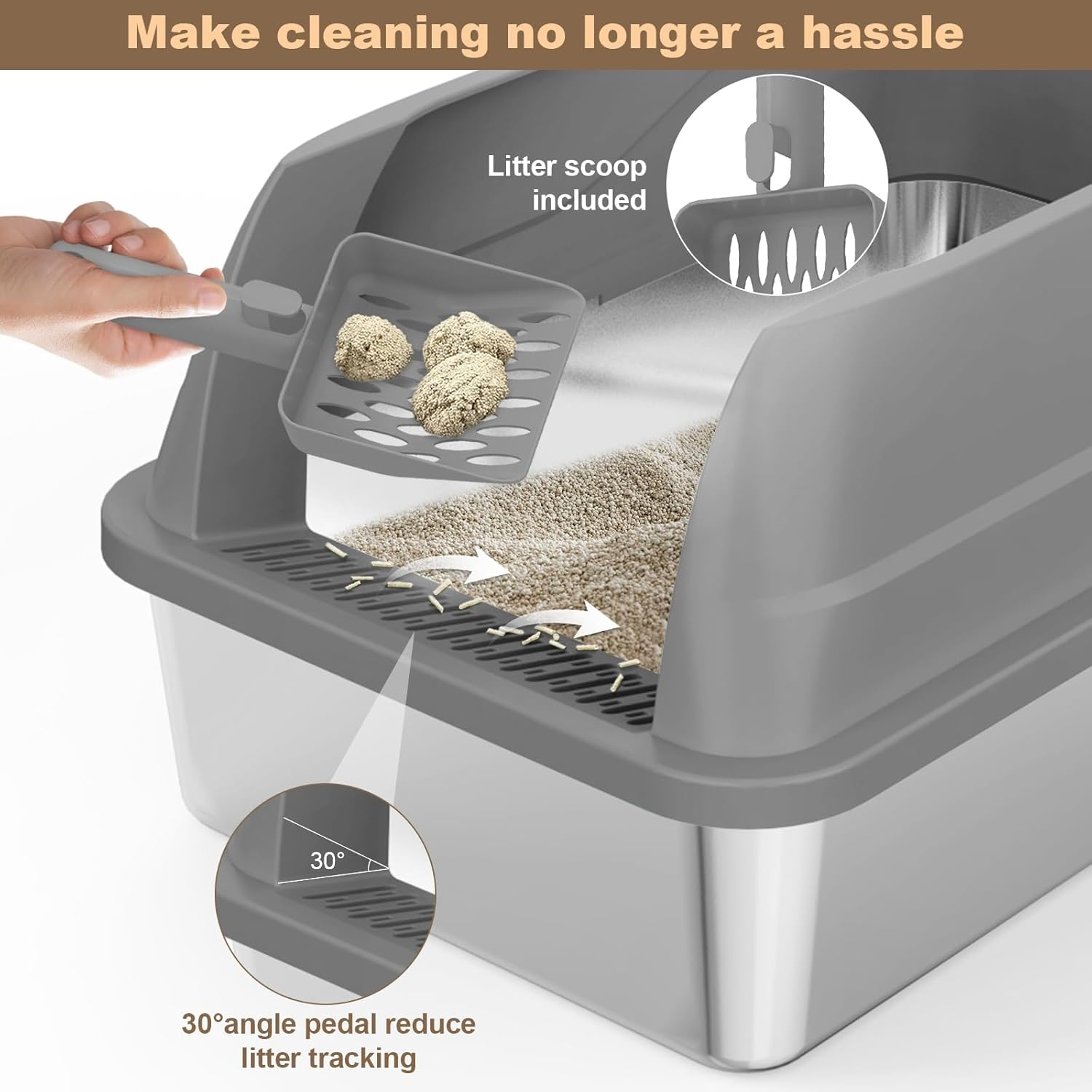 Amibud 2 Pack XL Metal Cat Litter Box with Lid Scoop-Extra Large Stainless Steel Litter Boxes for Big Cats, Kitty Litter Pan Tray Cat Toilet with High Wall Enclosure image number 2