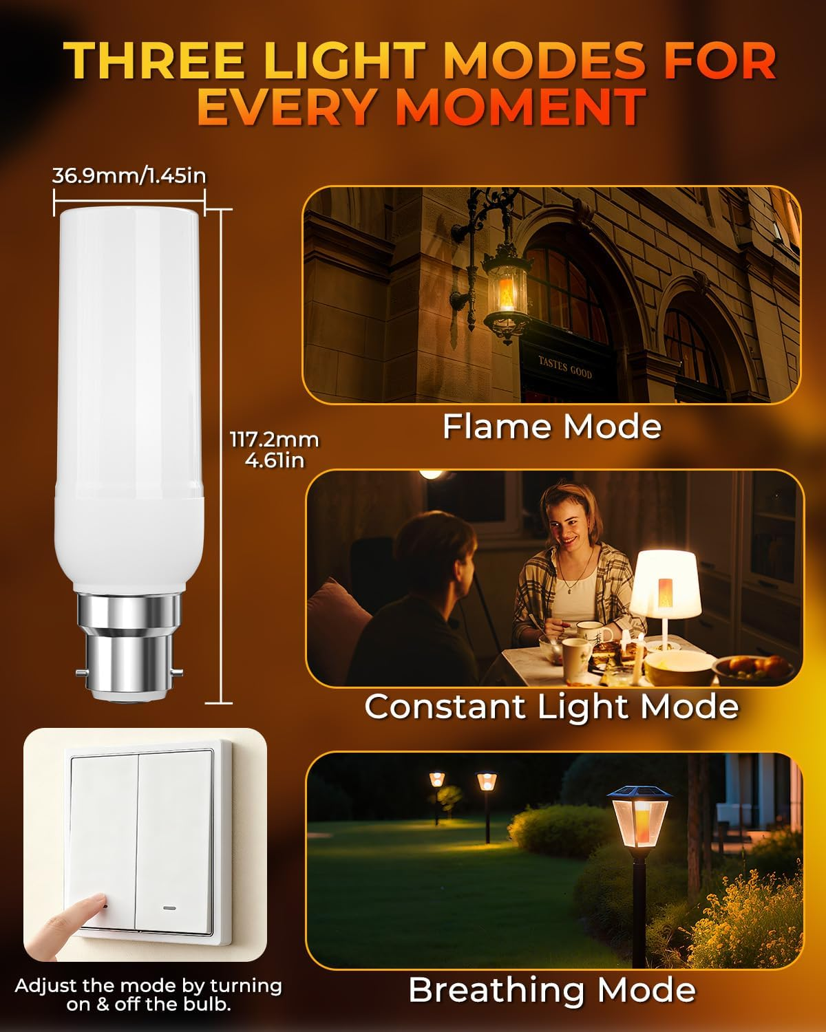 Brightark B22 Flame Effect Light Bulb, Fire Flashing Light Effect 3W LED Outdoor Light, 1300K Warm White with 3 Lighting Modes for Halloween Christmas House Garden Party Wedding Decor image number 4