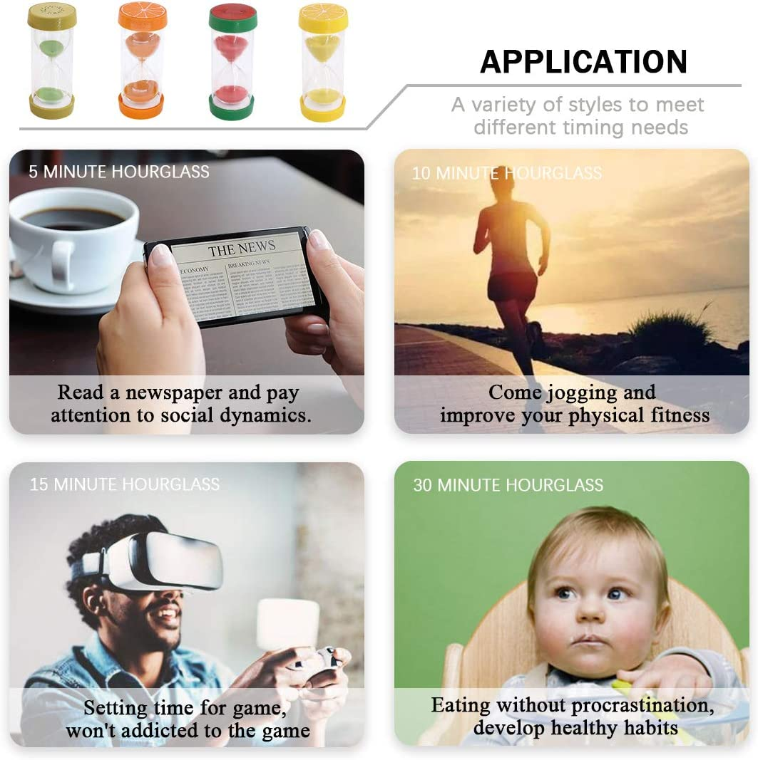 Glarks 4 Colors Fruit Style Hourglass Sand Timer Clock 5Mins / 10Mins / 15Mins / 30Mins Sandglass Timer for Kids, Classroom, Kitchen, Games, Brushing Timer, Home Office Decoration Timers image number 5