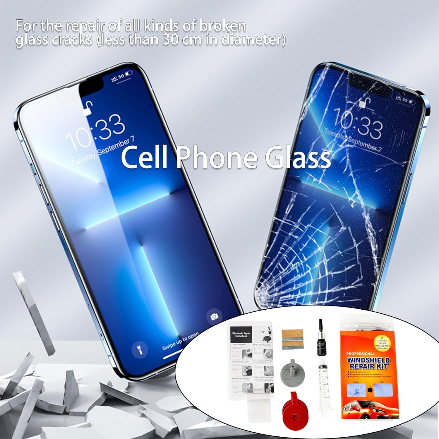 Windshield Repair Kit, Diy Glass Crack Repair Liquid, Scratch Repair Resin Kit, for Bullseye, Half-Moon, Spider Web, Star and Long Line Cracks - Containing Resin, Syringe, Curing Film image number 1