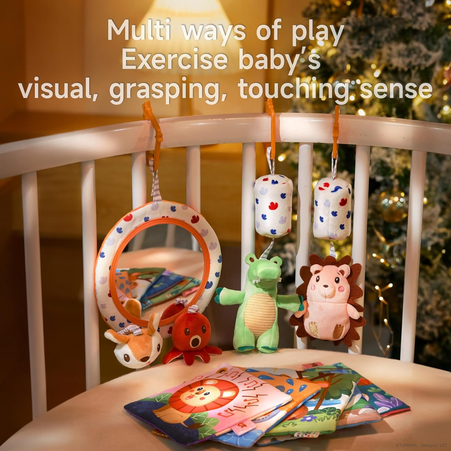 TUMAMA Kids Car Seat Toys for Babies 0-6 Months Rattle,Stroller Mobile Toys Mirror, Crinkle, Squeaky Newborn Baby Girl Boy Gifts