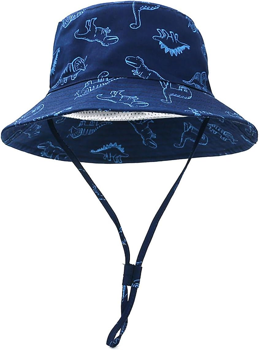 AIMALL Spring Summer Baby Sun Hat Cartoon Dinosaur Print, Wide Brim Sun Protection Fisherman Hat with Adjustable Chin Strap, Lightweight Breathable Cotton