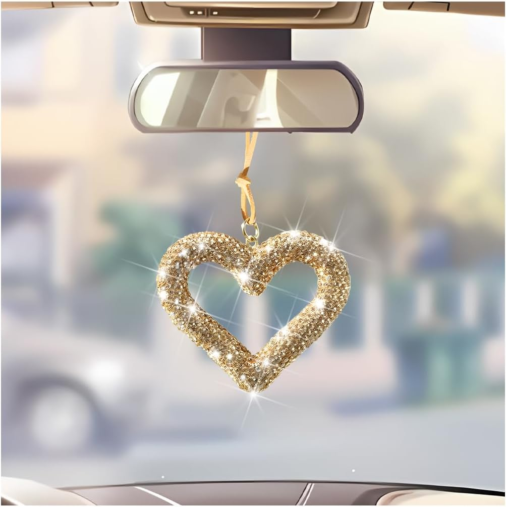 Mandark Bling Heart Car Hanging Accessories, Crystal Rhinestone Vehicle Rear View Mirror Charm Pendant Ornaments, Cute Diamond Auto Interior Hanger Decoration for Women Girls（Wine Red）