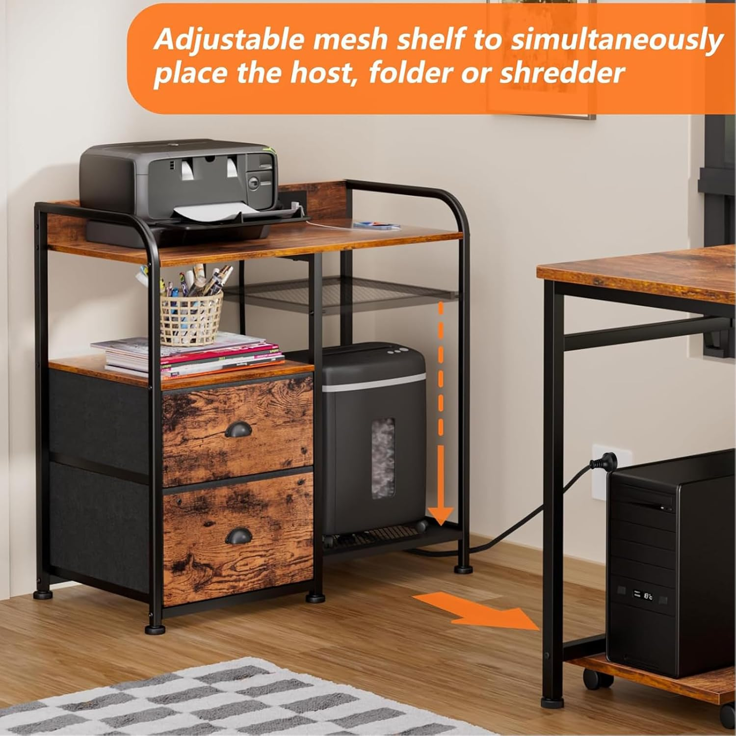 Kisfam Printer Stand with Filing Cabinet, USB Charging Station, 4 Open Shelves, Adjustable Height & Mobile Casters for Office/Home Use image number 4