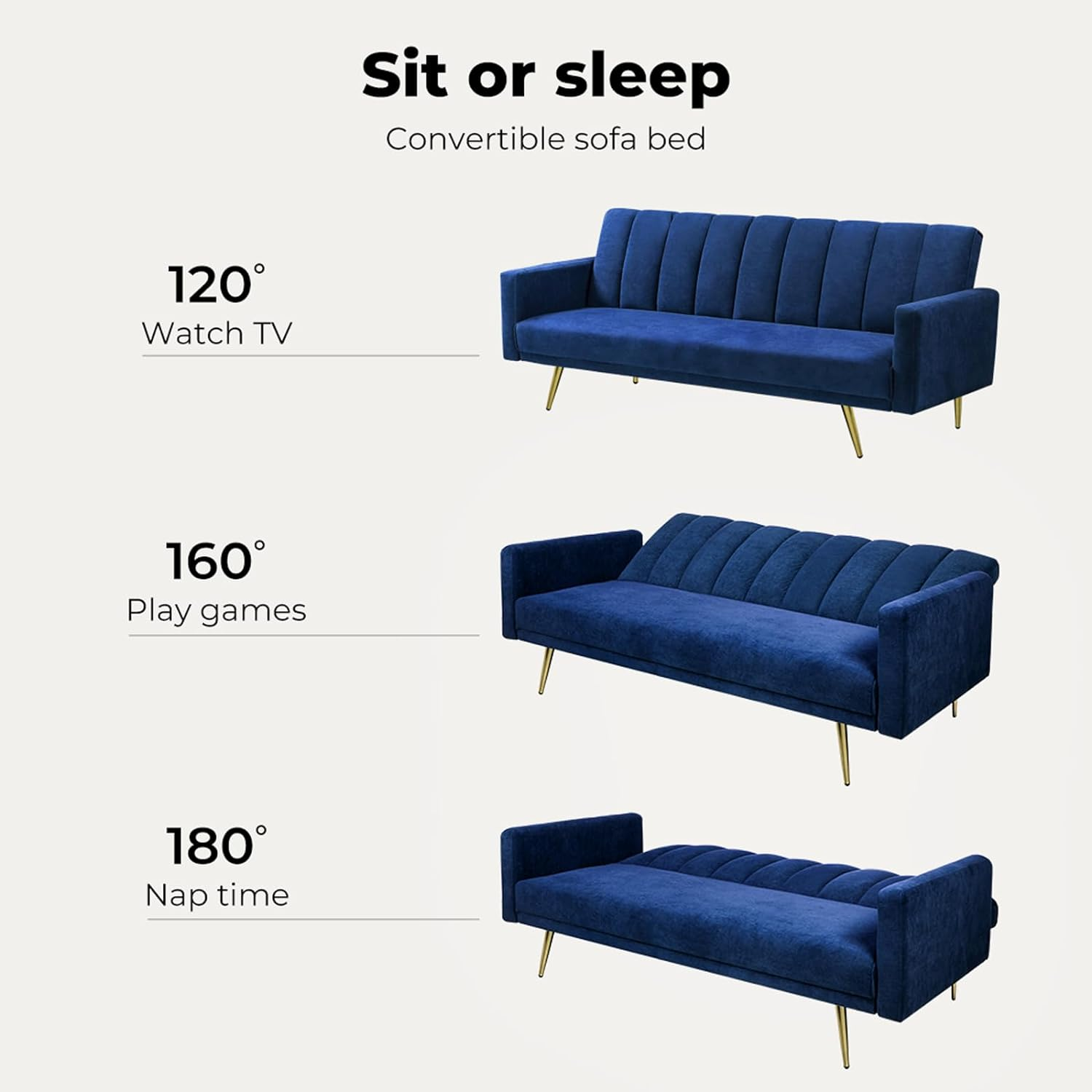 LEVEDE 3 Seater Sofa Bed Convertible, Velvet Loveseat Sofa Couch, Recliner Sofa Lounge with 3 Adjustable Backrest Positions, Spare Bed for Guest, Load up to 220Kg (197Cm, Blue) image number 5