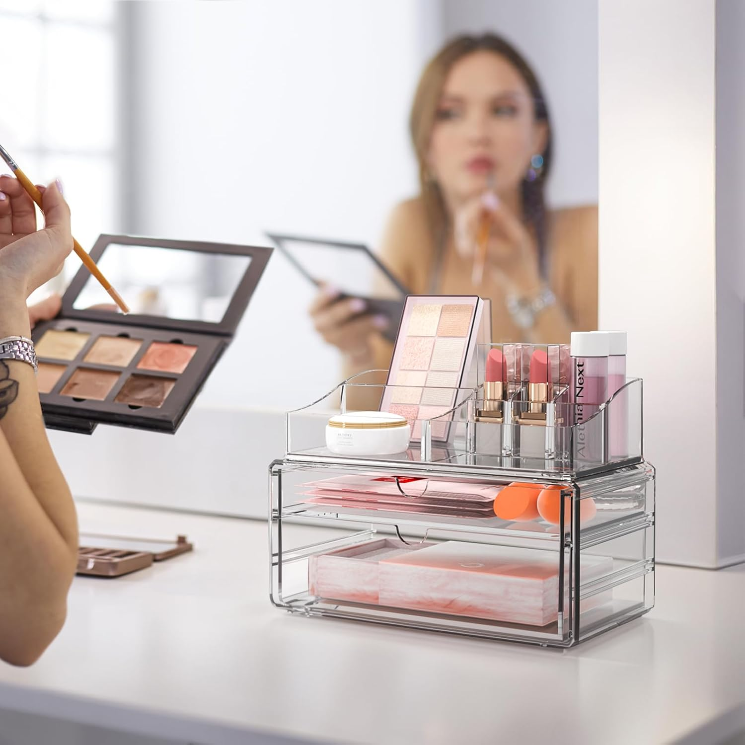 Delamu 3-Tier Clear Makeup Organizer with Drawer, Acrylic Cosmetic Display Case for Makeup Vanity Bathroom Counter Organizers and Storage, Stackable Vanity Organizer for Brushes Lipsticks Skincare image number 4
