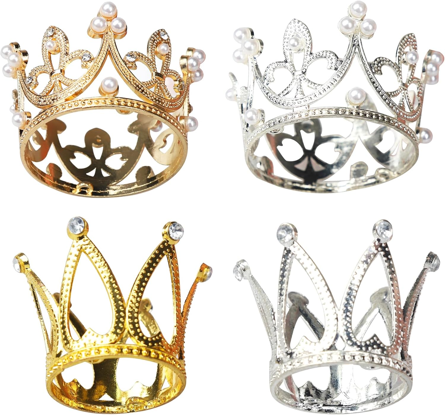 BLMHTWO 4 Pcs Gold Silver Crown Cake Topper - Small Queen Mini Tiara Princess Headpiece for Women Lady Girl Bridal Wedding Royal Themed Decor Birthday Party image number 1