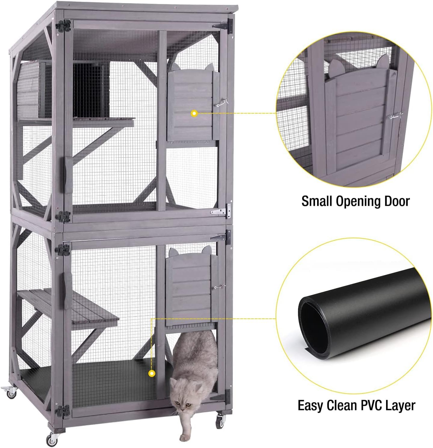 Wooden Cat House Outdoor and Indoor Run Large Cat Enclosure on Wheels 70.9" Upgraded Version Catio Cage with Reinforcement Wooden Strip,Waterproof Roof image number 6