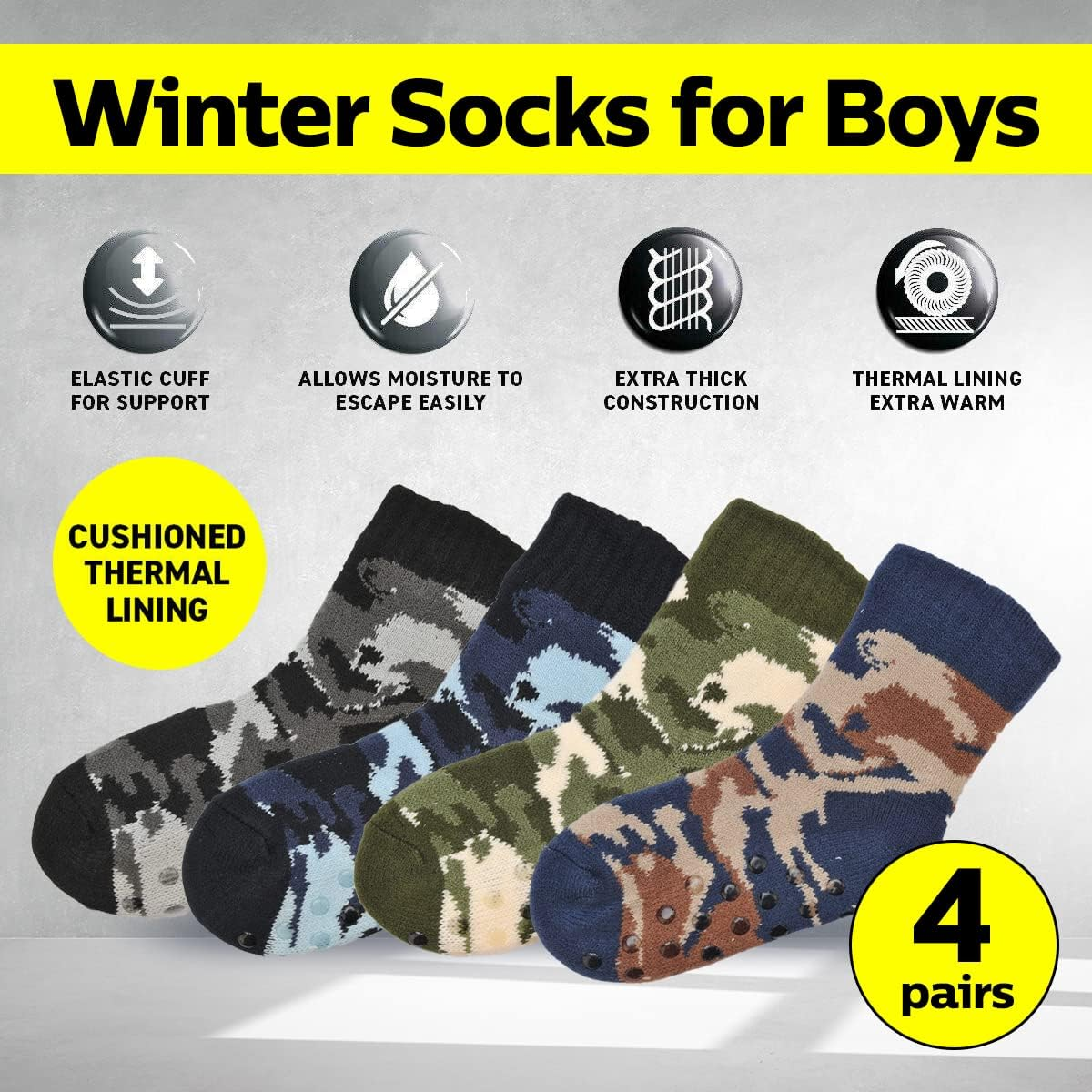 [4 Pairs] Sherpa Sherpa Fleece Winter Socks for Boys, (Age 9-12) Non Slip Grip, Extra Warm, Soft, and Comfortable, Easy Wash, Trap Heat and Keep Your Feet Warm, Camo Design and Assorted Colours image number 2