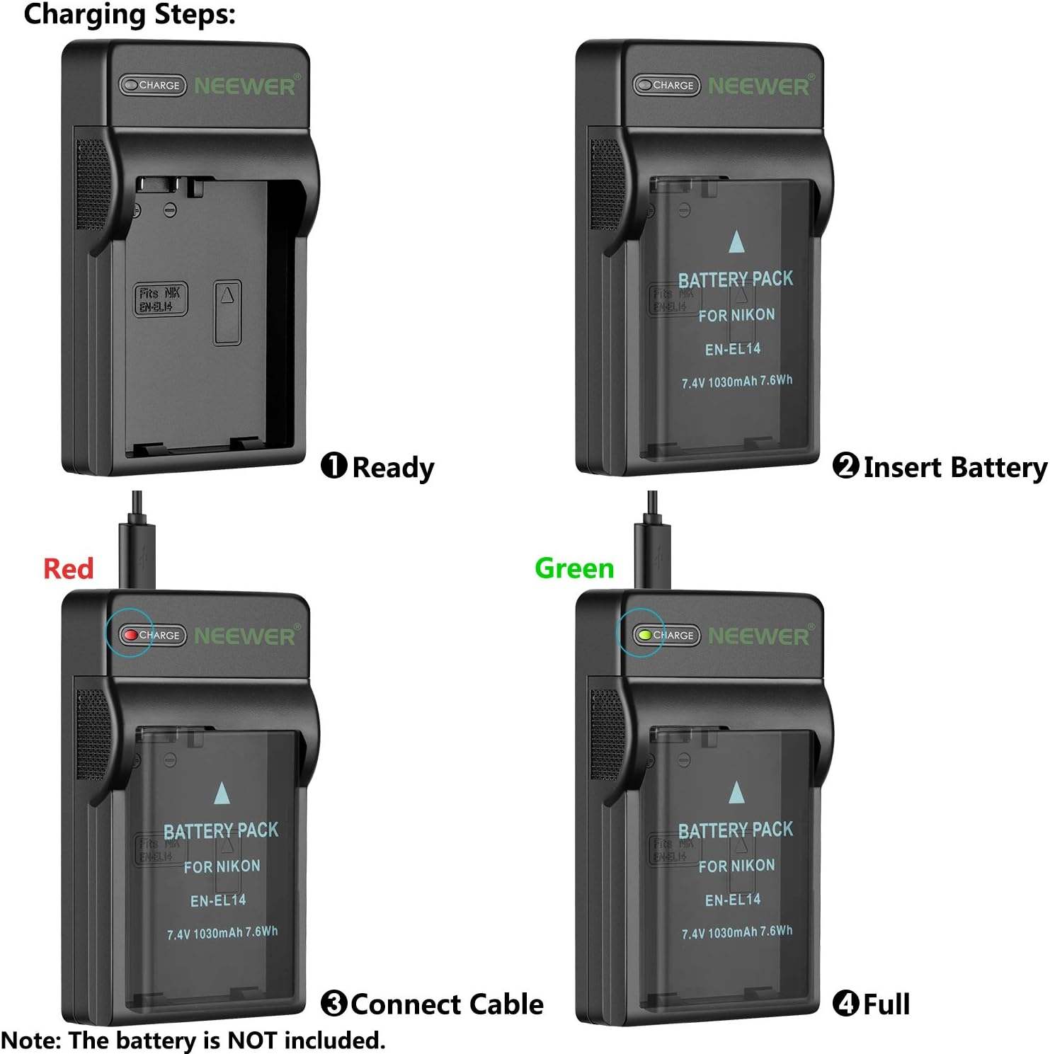 Neewer Slim Fast Micro USB Battery Charger for Nikon EN-EL14 En-El14A, Nikon D3200, D3100, D5500, D5300, D5200, D5100, D3300,DF DSLR, Coolpix P7800, P7700, P7000 Cameras, Multi Charging Option
