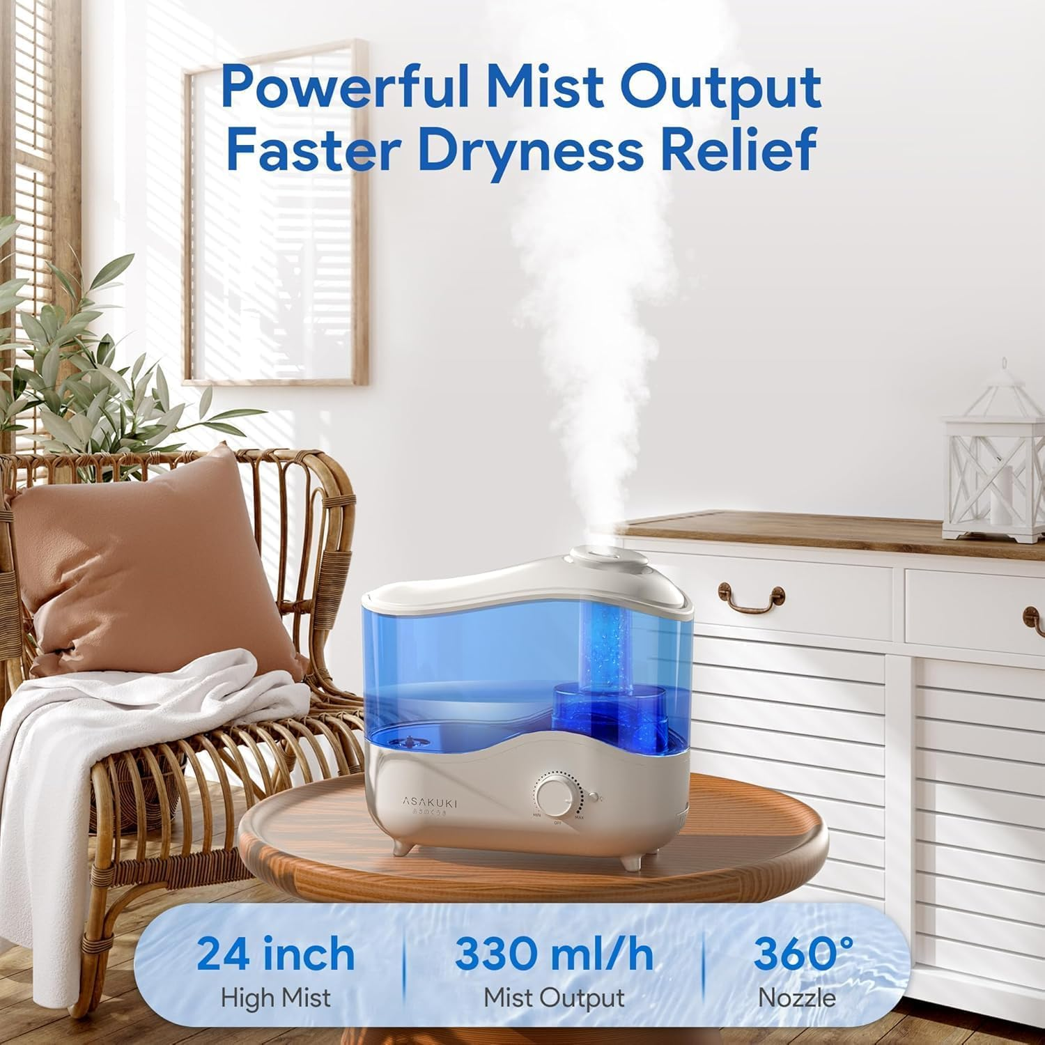 ASAKUKI Air Humidifier for Bedroom, 4L Top Fill Cool Mist Humidifiers for Baby, Plant, Quiet Ultrasonic Oil Diffuser for Large Room, 360&deg;Nozzle, Auto-Shut Off, Night Light, BPA Free image number 4