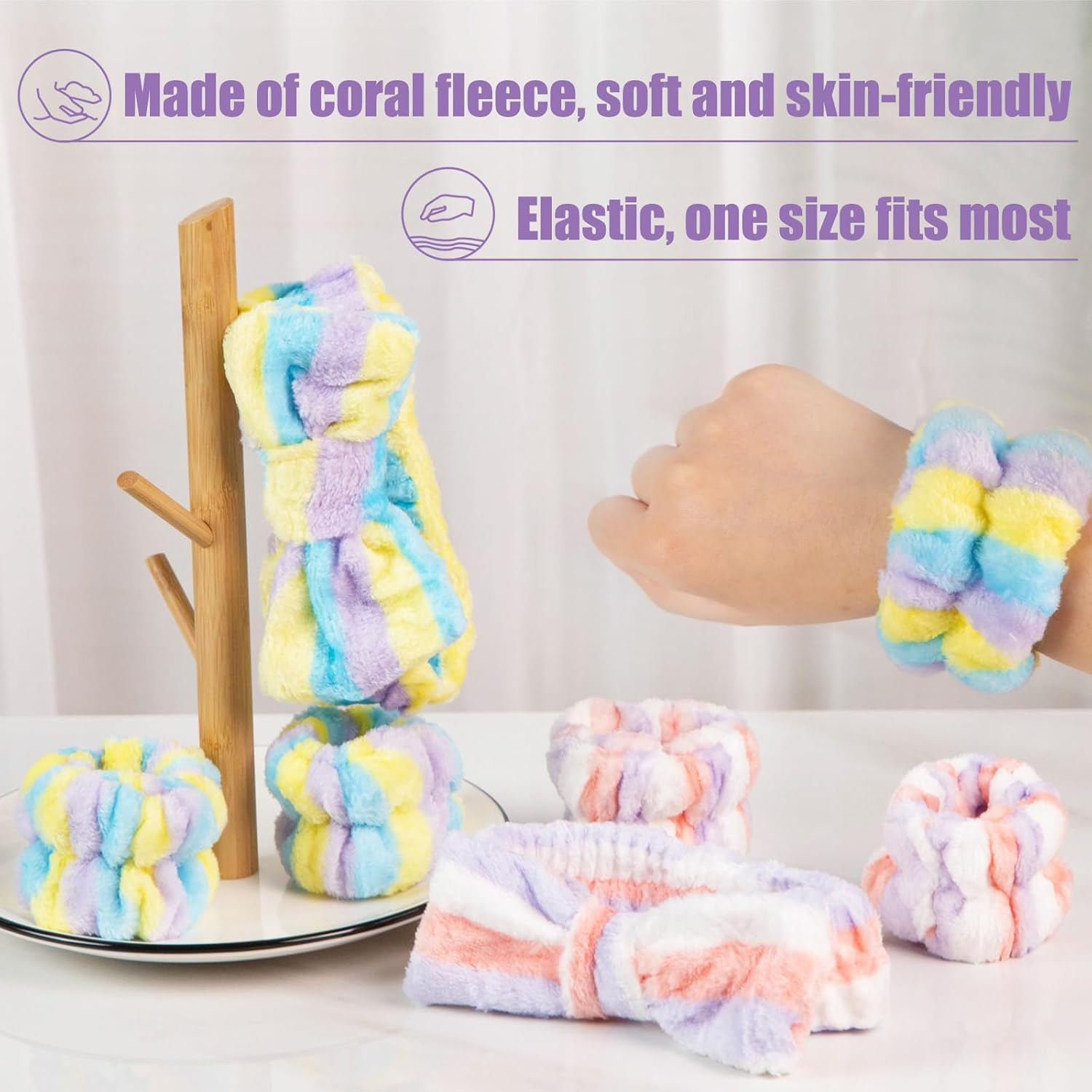 Shindel 6PCS Face Wash Headband Set, Makeup Wash Headbands with Wristbands Coral Fleece Bow Hair Bands for Women Spa Skin Care Yoga image number 5