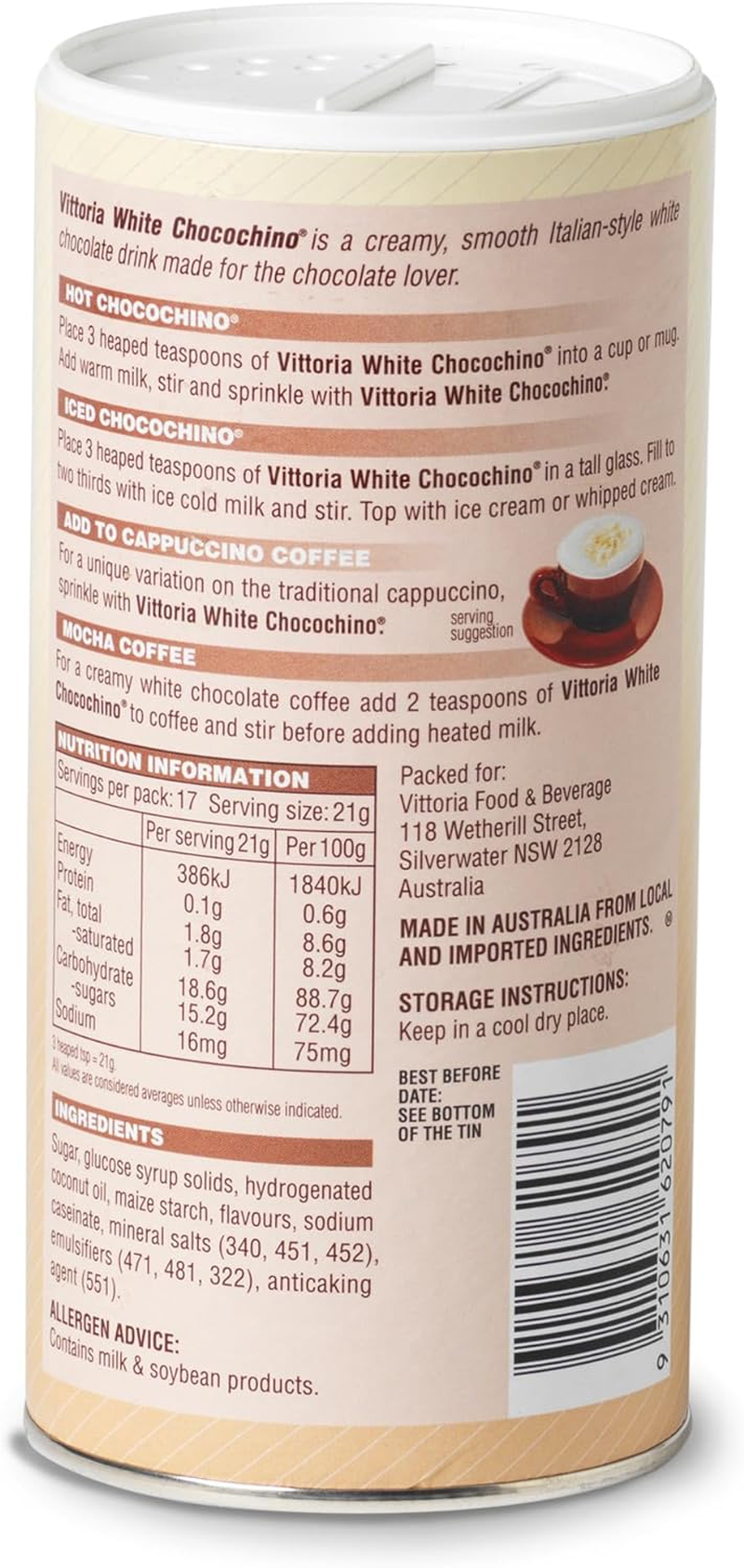 Vittoria Coffee White Chocochino Drinking Chocolate 375 G (Case of 6) image number 2