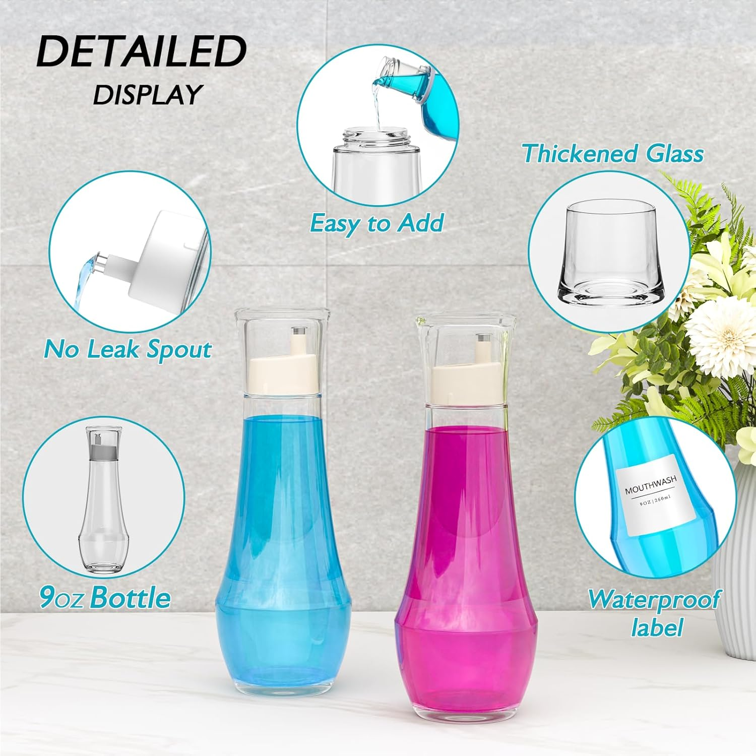 2 Pack Glass Mouthwash Dispenser for Bathroom, 9 OZ Small Clear Refillable Mouth Wash Bottle with Lid Cup image number 1