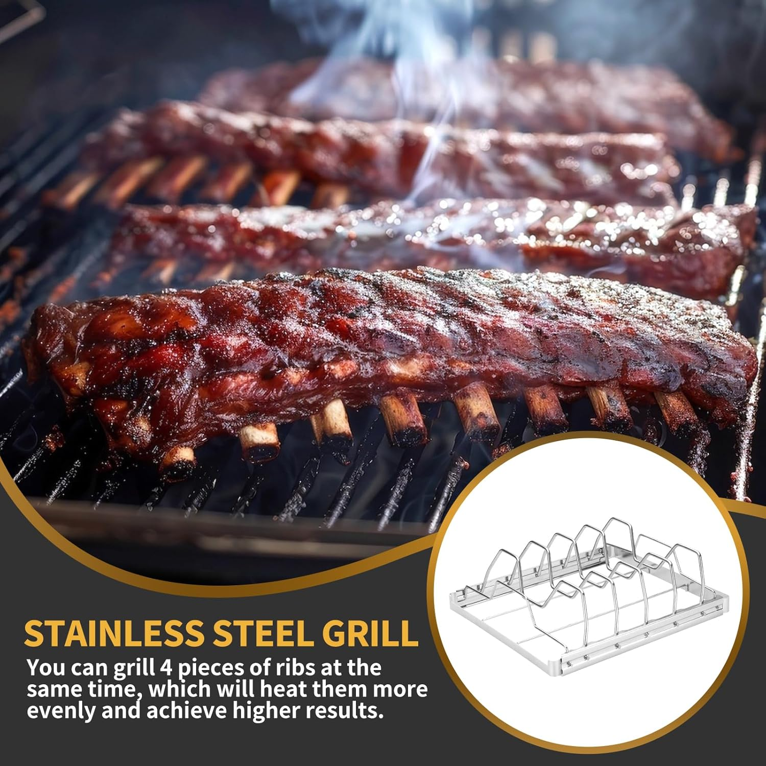 Rib Rack for Smoking, Stainless Steel 4 Slots Rib Racks for Grilling, Foldable Roasting Rack Easy to Use and Clean, Premium Durable Rib Rack Smoker Accessories (1 PCS) image number 4