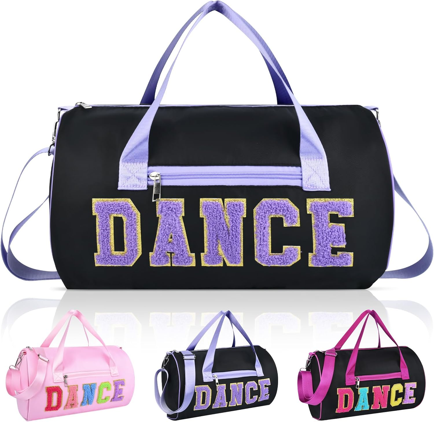 Dance Bag for Girls KUIRAN Small Gym Bag for Women Duffel Bag Weekender Duffel Bag 23L Capacity Workout Chenille Letter Bag for Dancers, Girls, Teens, Student Athletes, Black/Shoe Compartment, 15"Lx10