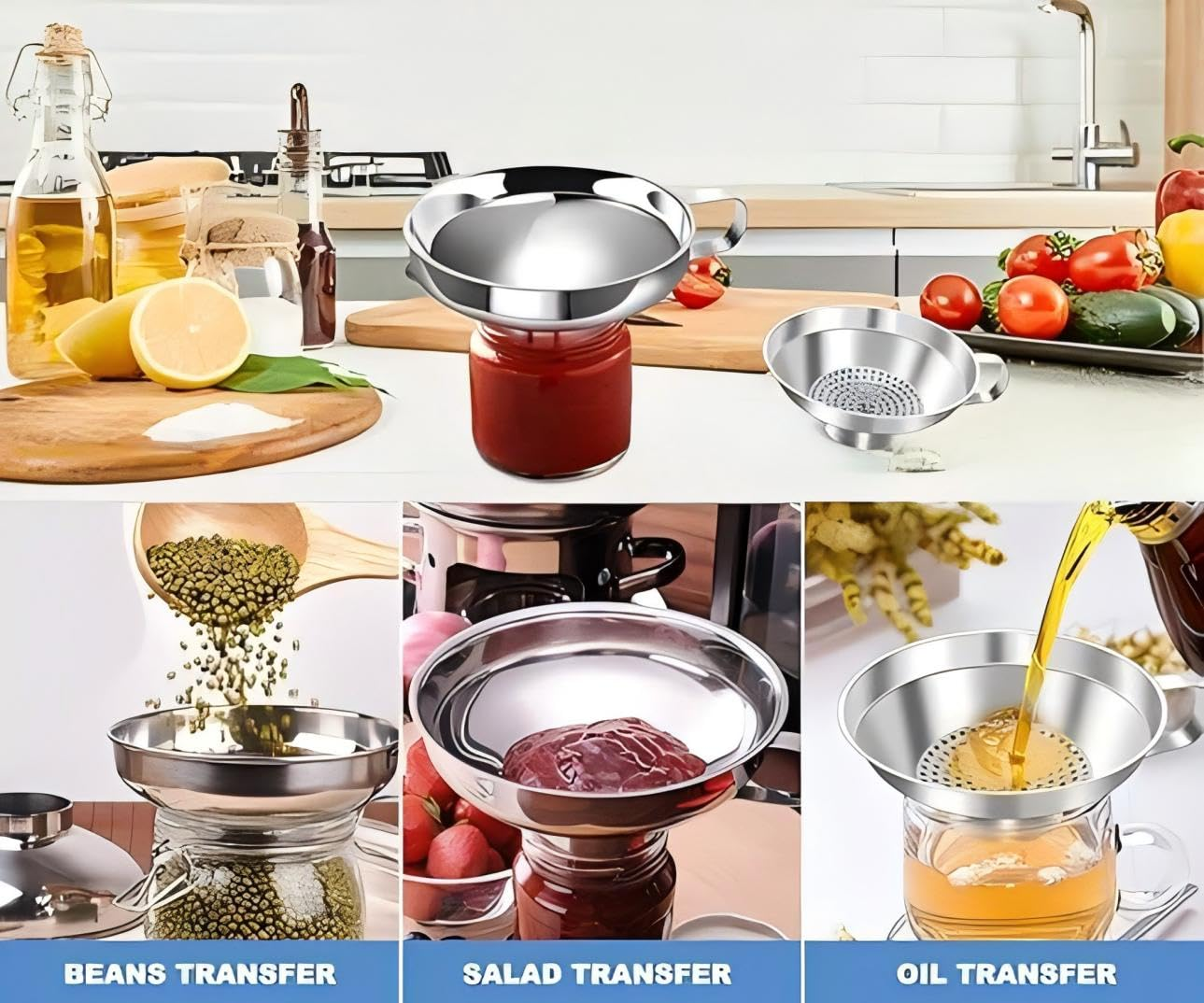 Canning Funnel for Wide and Regular Jars, Wide Mouth Funnel Stainless Steel Funnel for Kitchen Use, Metal Funnel Set for Transferring Liquid Power Jam Grains Dry Wet Ingredients- 3 Pack image number 2