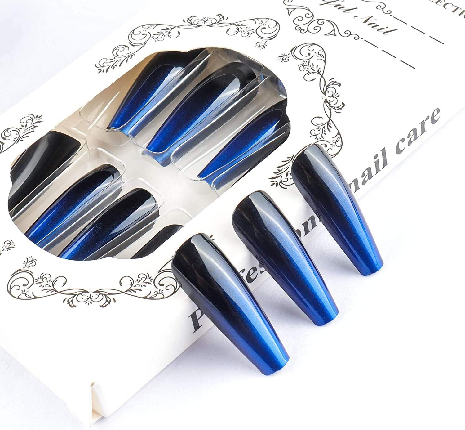 24PCS Extra Long Black Blue Press on Nails,Glossy Gradient False Nail Full Cover Coffin Ballerina Nails Tips for Women Girls Party Salon image number 2