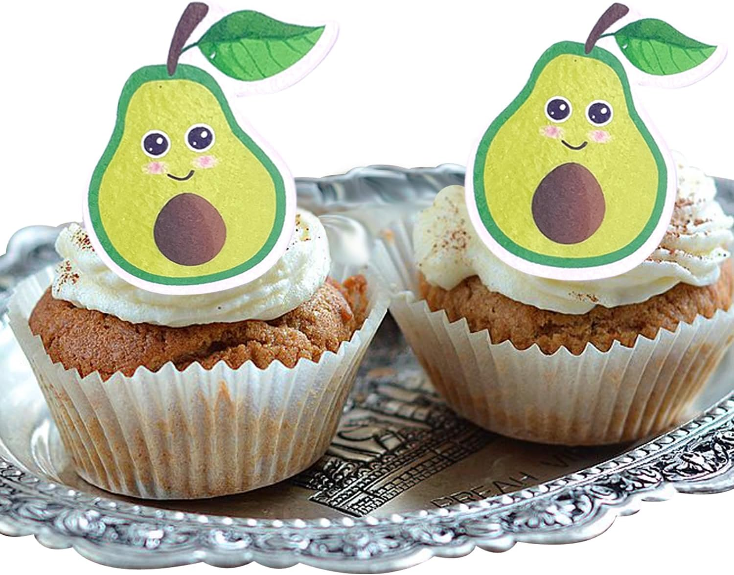 50Pcs Cartoon Fruit Smiley Cupcake Decoration, Edible Wafer Paper Creative Banana Cherry Baby Full Moon Birthday Festival Series Theme Party Dress up Plug-In (Avocado 50Pcs)