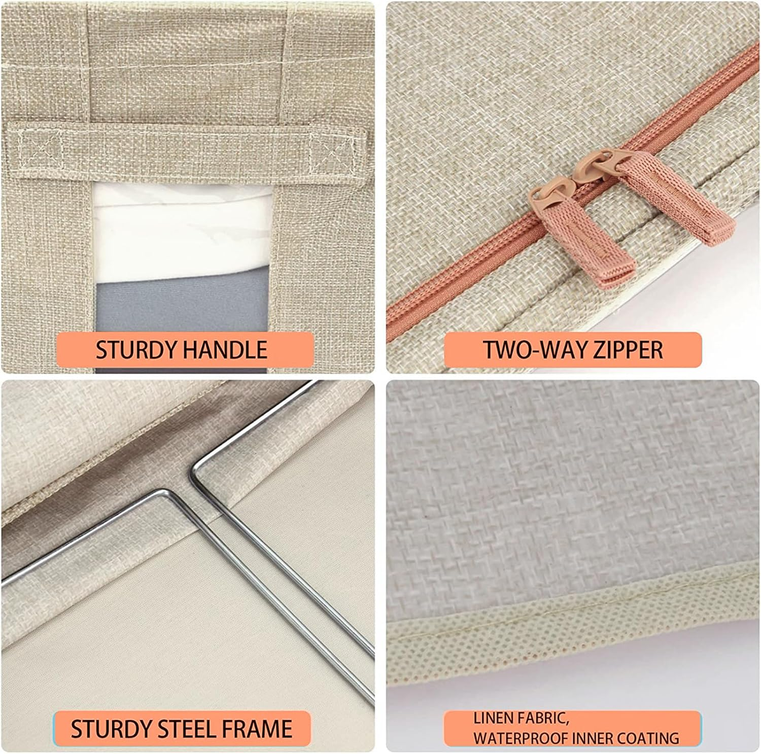2 Pack Clothes Storage Box with Zipper, 66L Foldable Linen Container with Handles Large Capacity Storage Organizer (Beige 66L)