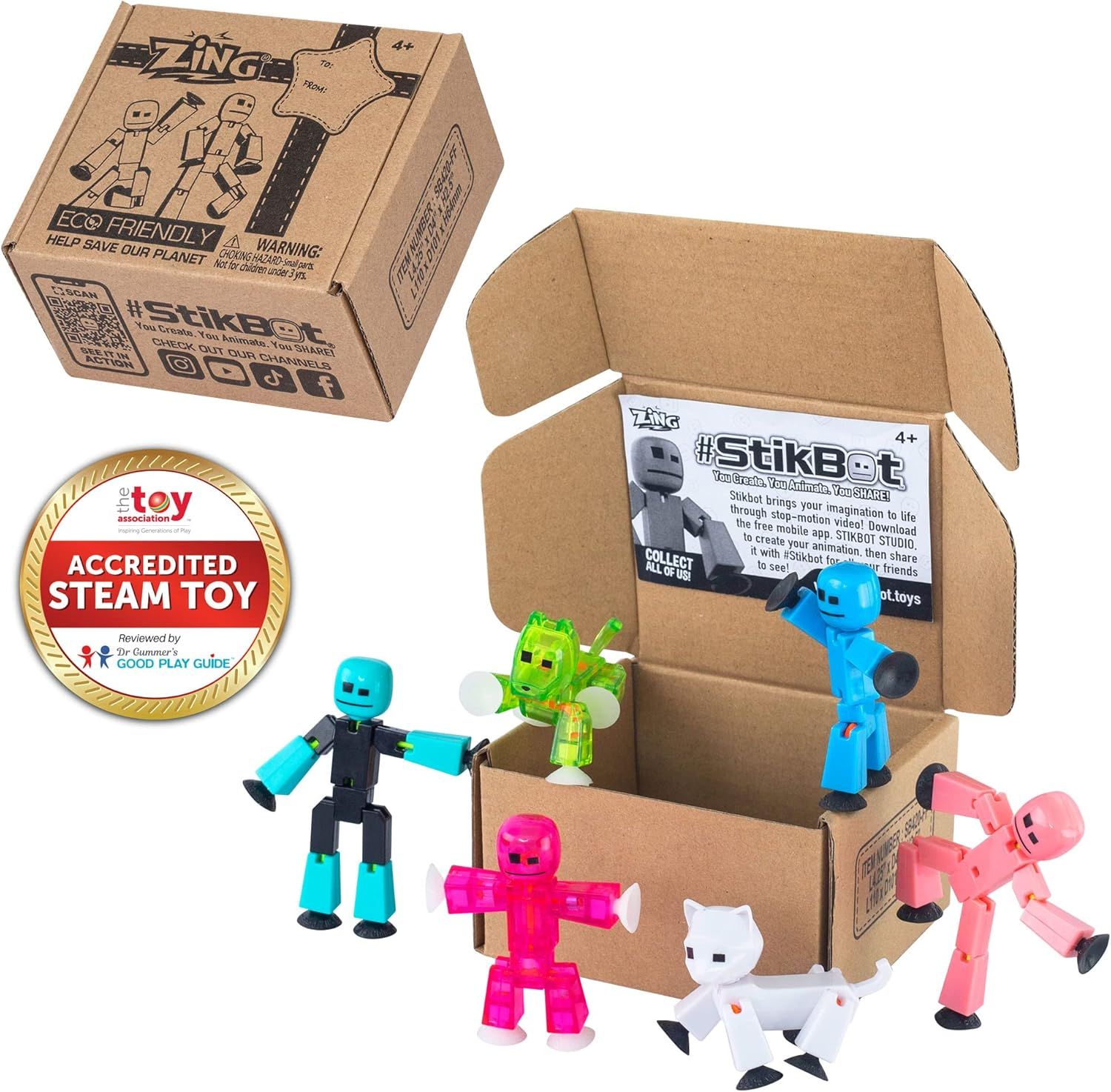 Zing Stikbot Family Pack, Set of 6 Stikbot Collectable Action Figures, Includes 2 Stikbots, 2 Junior Stikbots, 1 Bulldog, and 1 Cat, Stop Motion Animation - in Eco-Friendly Packaging image number 5